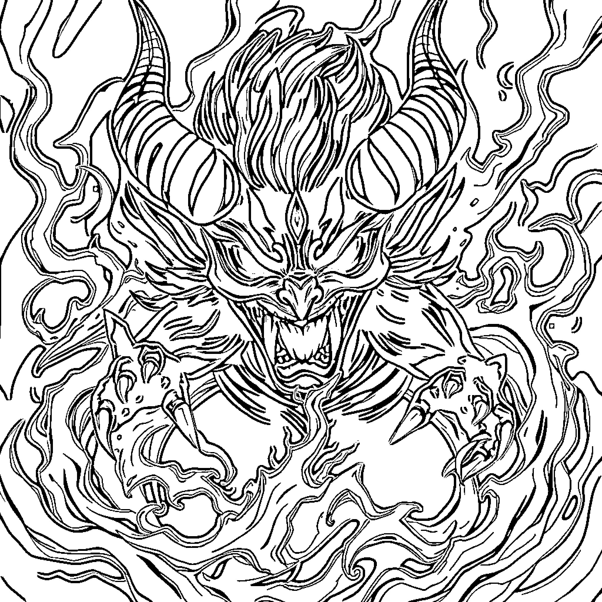 Nezuko's Fiery Demonic Transformation Coloring Page (free black-and-white line drawing printable PDF for all, from beginners to advanced learners, including children, teens, adults, and seniors)