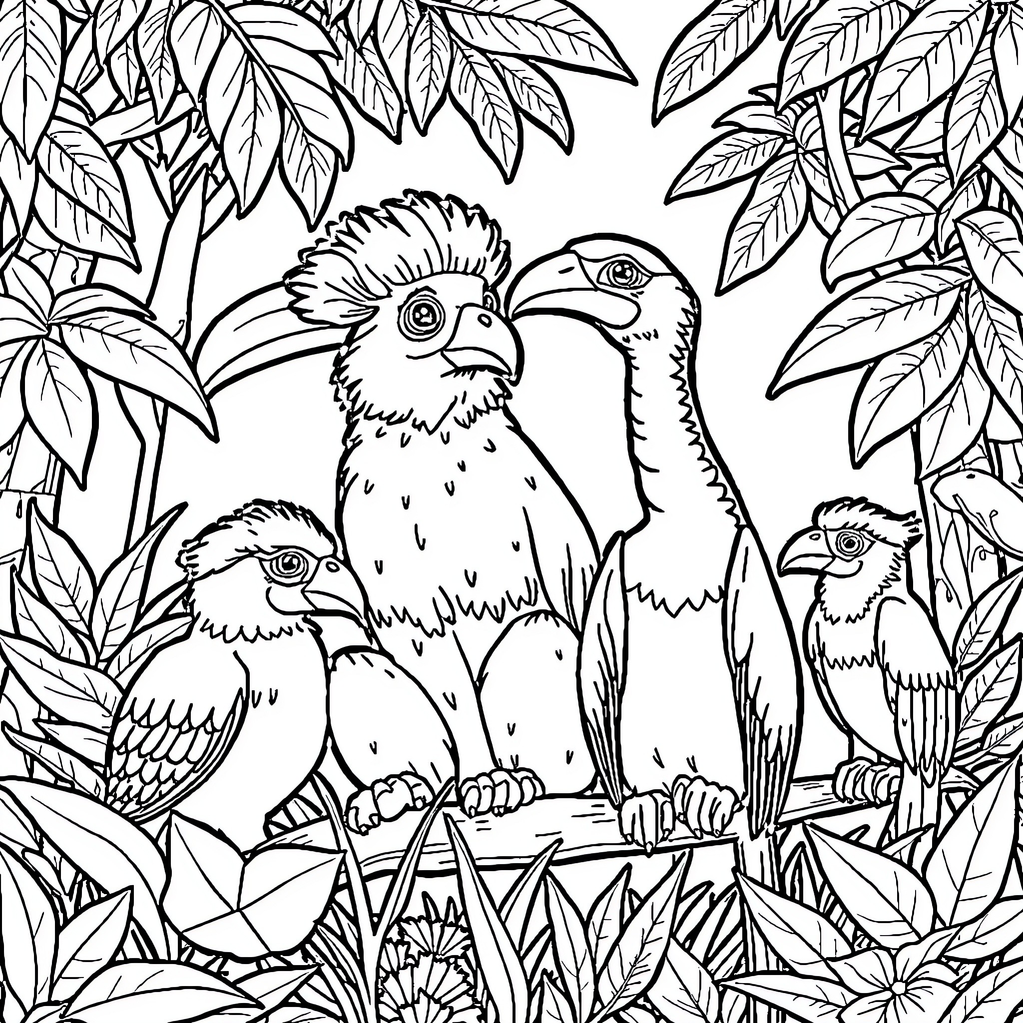 Animal family in tropical forest Coloring Page (free black-and-white line drawing printable PDF for all, from beginners to advanced learners, including children, teens, adults, and seniors)