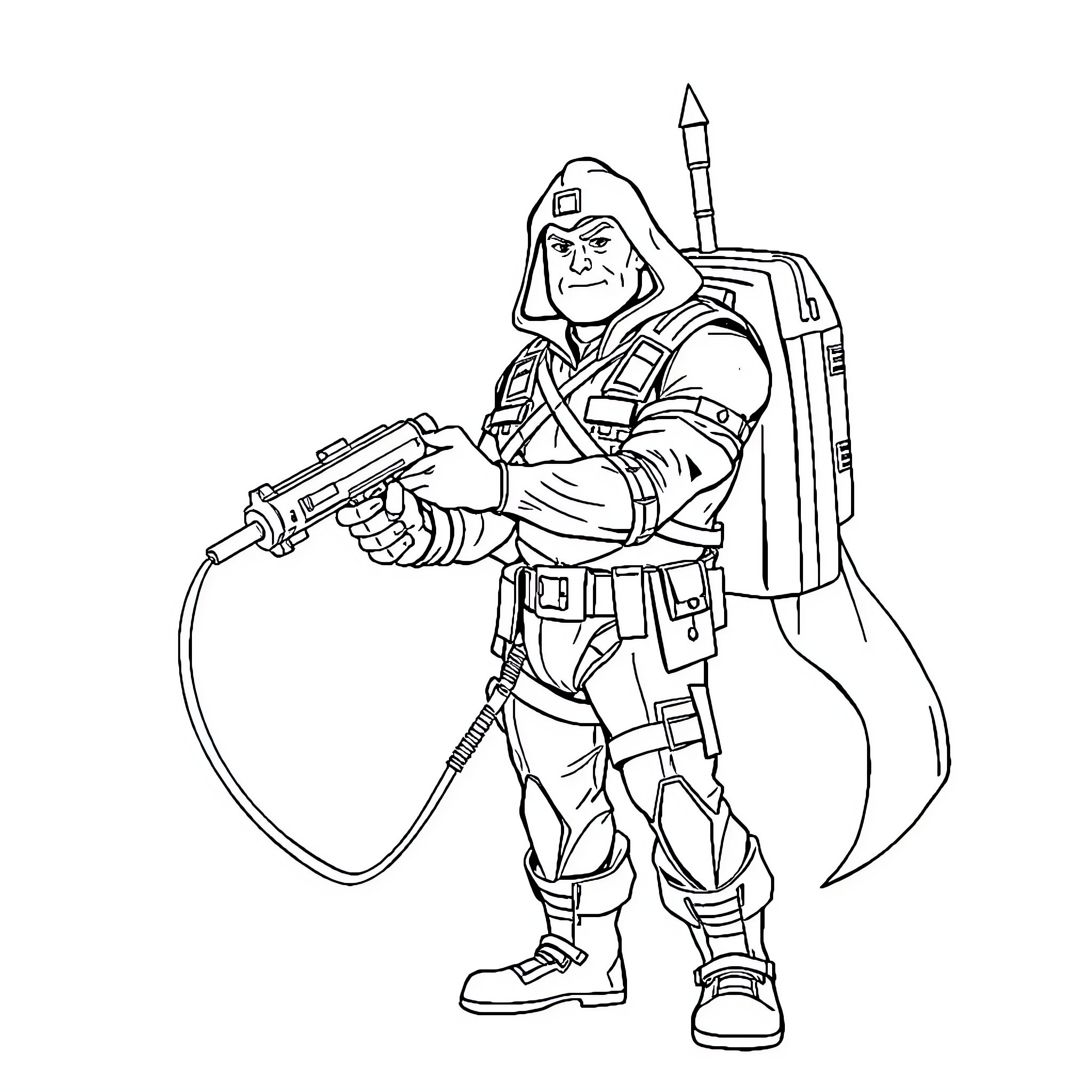 He-Man in Battle Gear with Futuristic Weapon Coloring Page (free black-and-white line drawing printable PDF for all, from beginners to advanced learners, including children, teens, adults, and seniors)