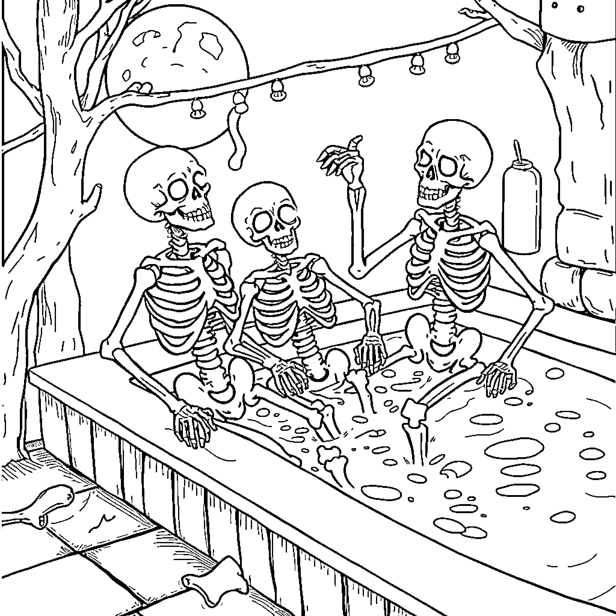 Skeleton Skeletons Enjoying a Spooky Outdoor Celebration Coloring Page (free black-and-white line drawing printable PDF for all, from beginners to advanced learners, including children, teens, adults, and seniors)