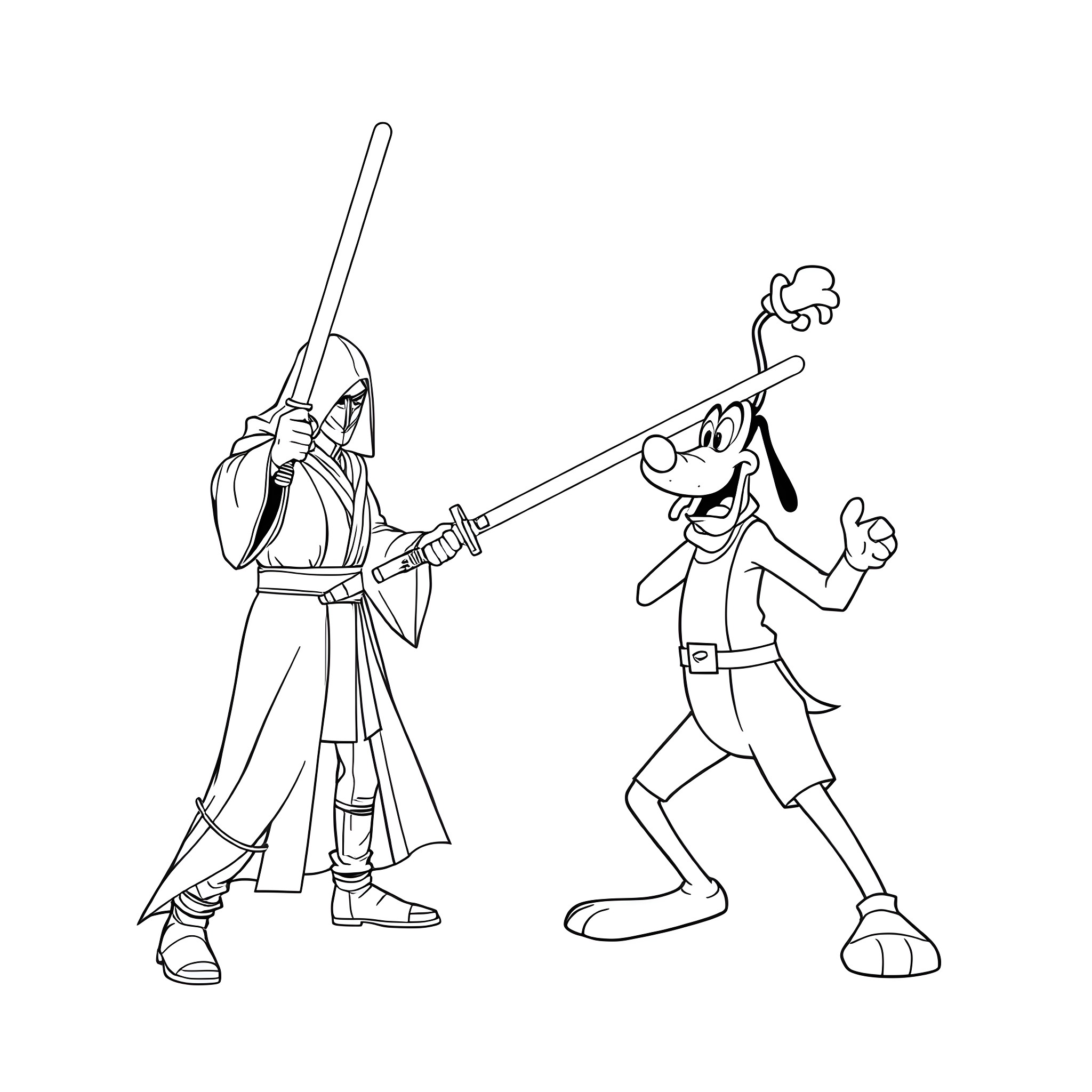Jedi Knights in Training: Lightsaber Duel Coloring Page (free black-and-white line drawing printable PDF for all, from beginners to advanced learners, including children, teens, adults, and seniors)