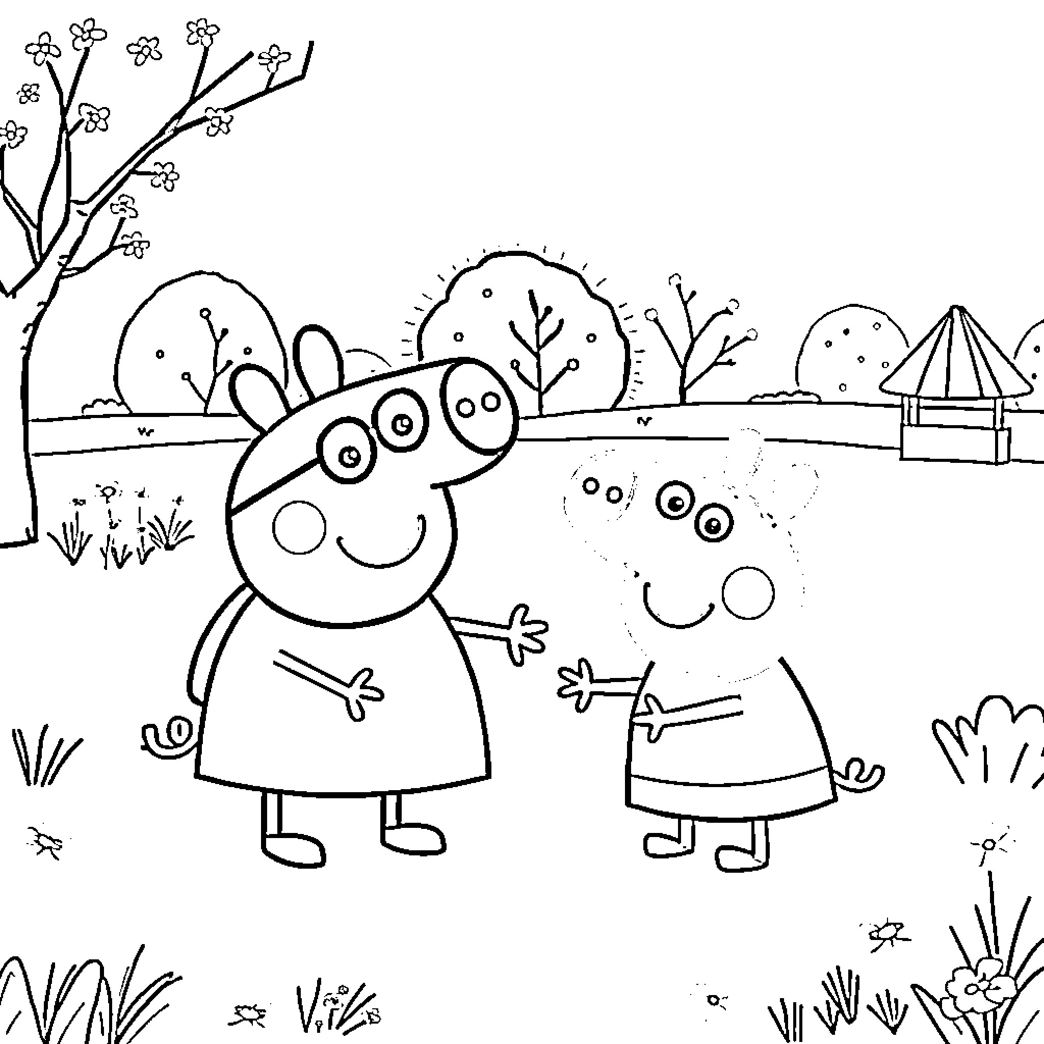 Bluey and friends explore the outdoors Coloring Page (free black-and-white line drawing printable PDF for all, from beginners to advanced learners, including children, teens, adults, and seniors)