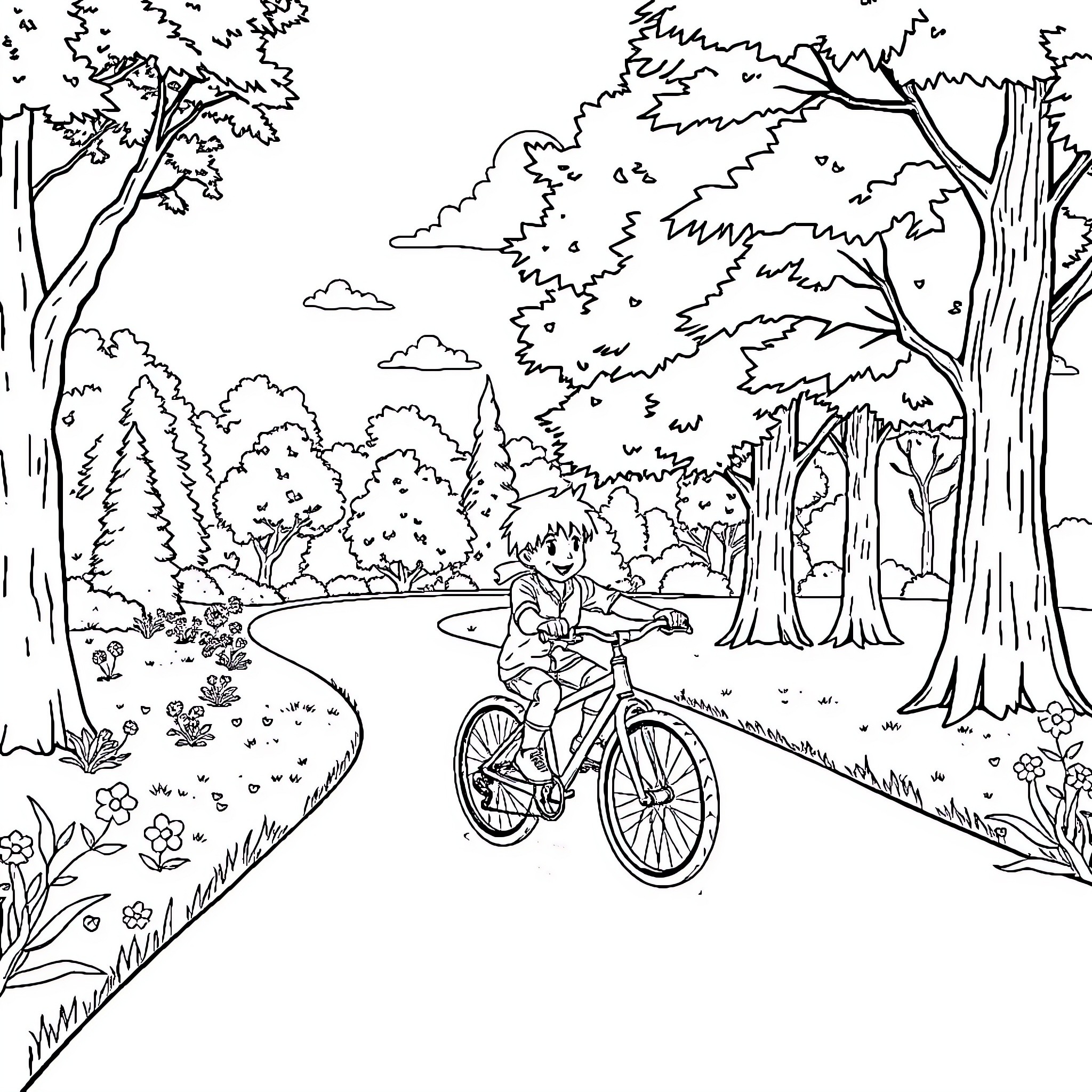 Boy riding bicycle in lush forest landscape Coloring Page (free black-and-white line drawing printable PDF for all, from beginners to advanced learners, including children, teens, adults, and seniors)