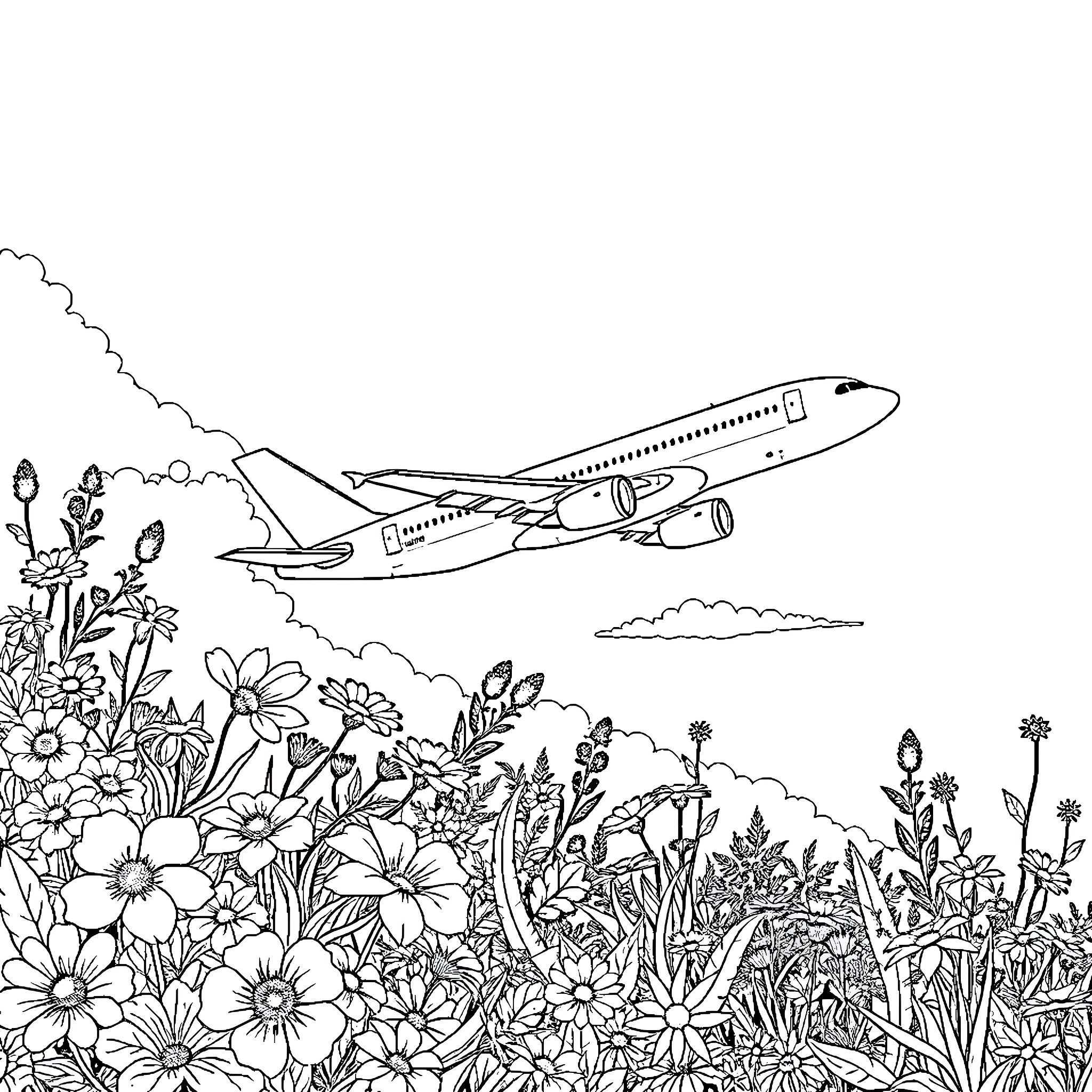 Jumbo Jet soaring over a blooming meadow Coloring Page (free black-and-white line drawing printable PDF for all, from beginners to advanced learners, including children, teens, adults, and seniors)