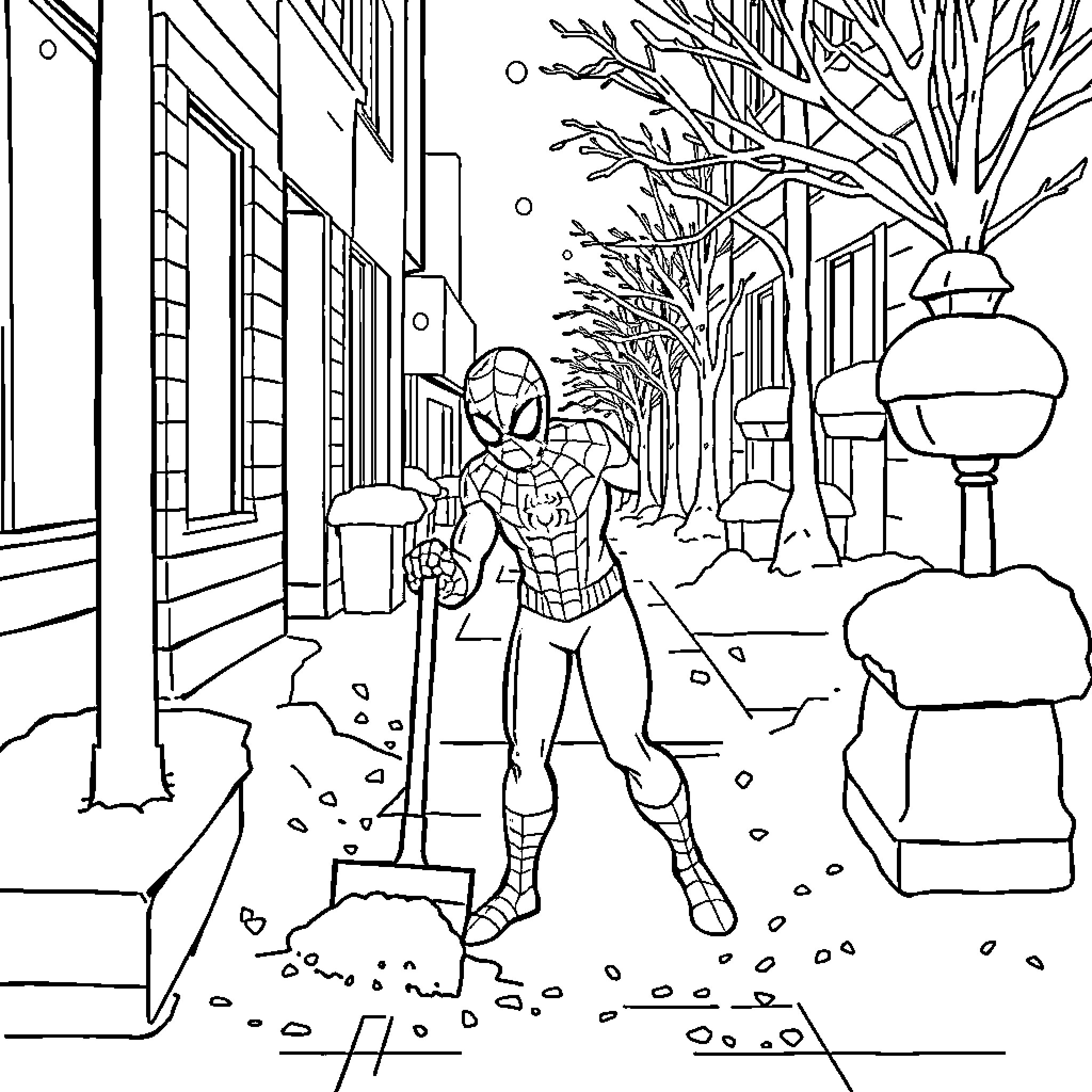 Spiderman walking on the snowy city street Coloring Page (free black-and-white line drawing printable PDF for all, from beginners to advanced learners, including children, teens, adults, and seniors)