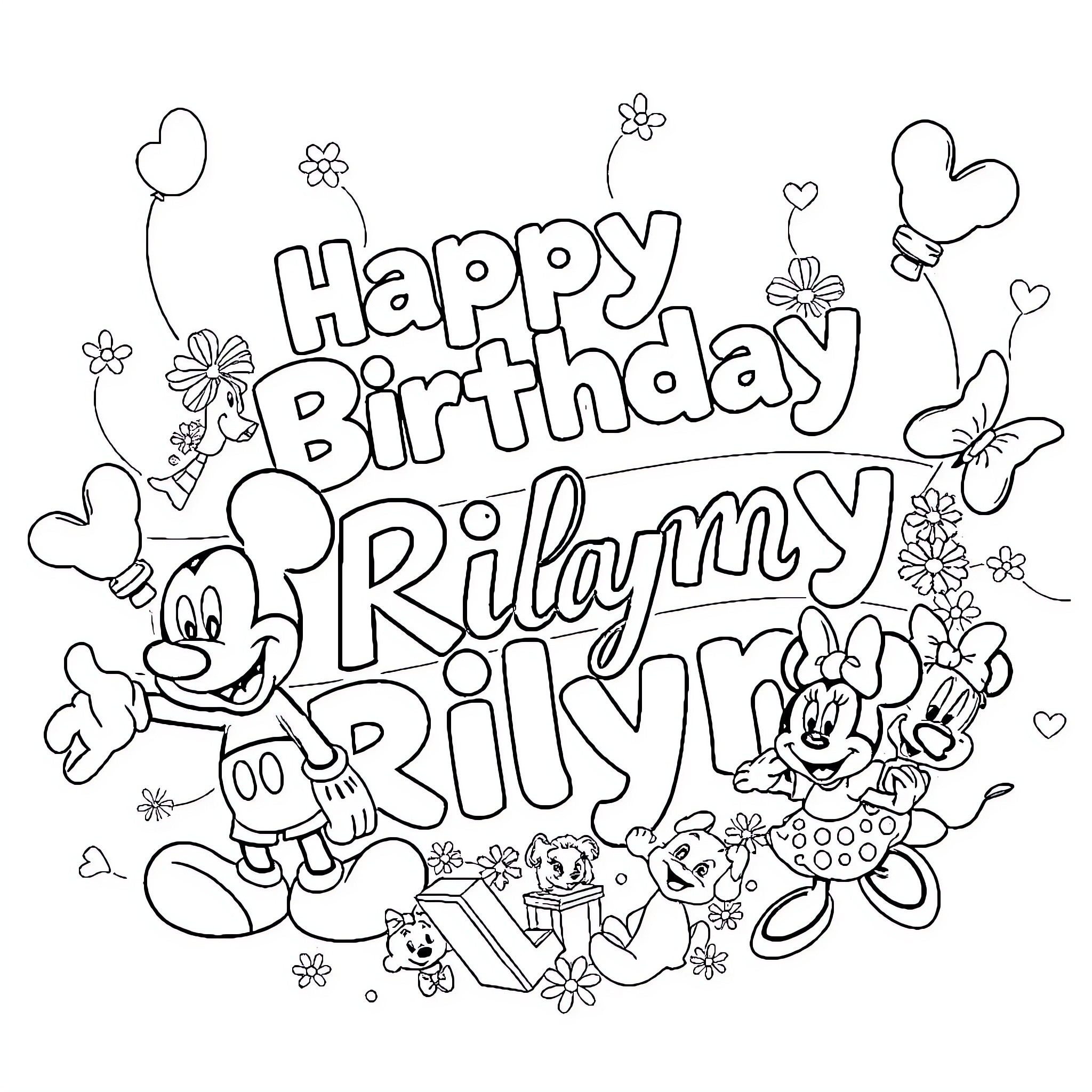 Mickey Mouse Happy Birthday Celebration with Minnie Coloring Page (free black-and-white line drawing printable PDF for all, from beginners to advanced learners, including children, teens, adults, and seniors)