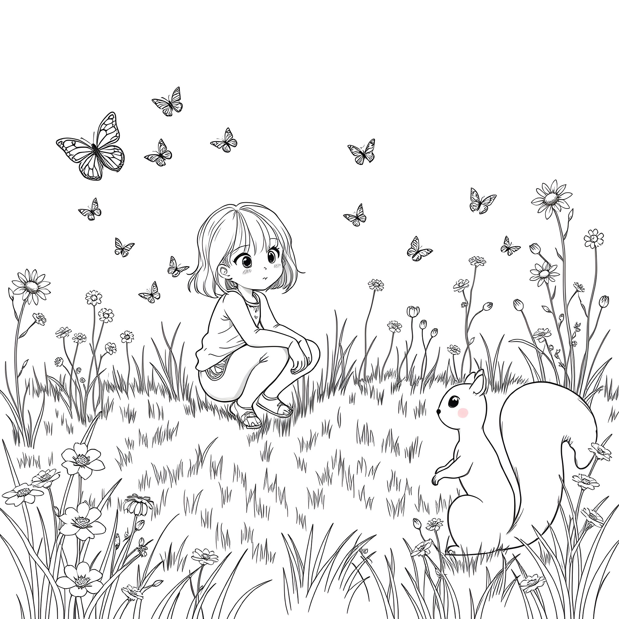 Girl exploring nature with butterflies and squirrel Coloring Page (free black-and-white line drawing printable PDF for all, from beginners to advanced learners, including children, teens, adults, and seniors)