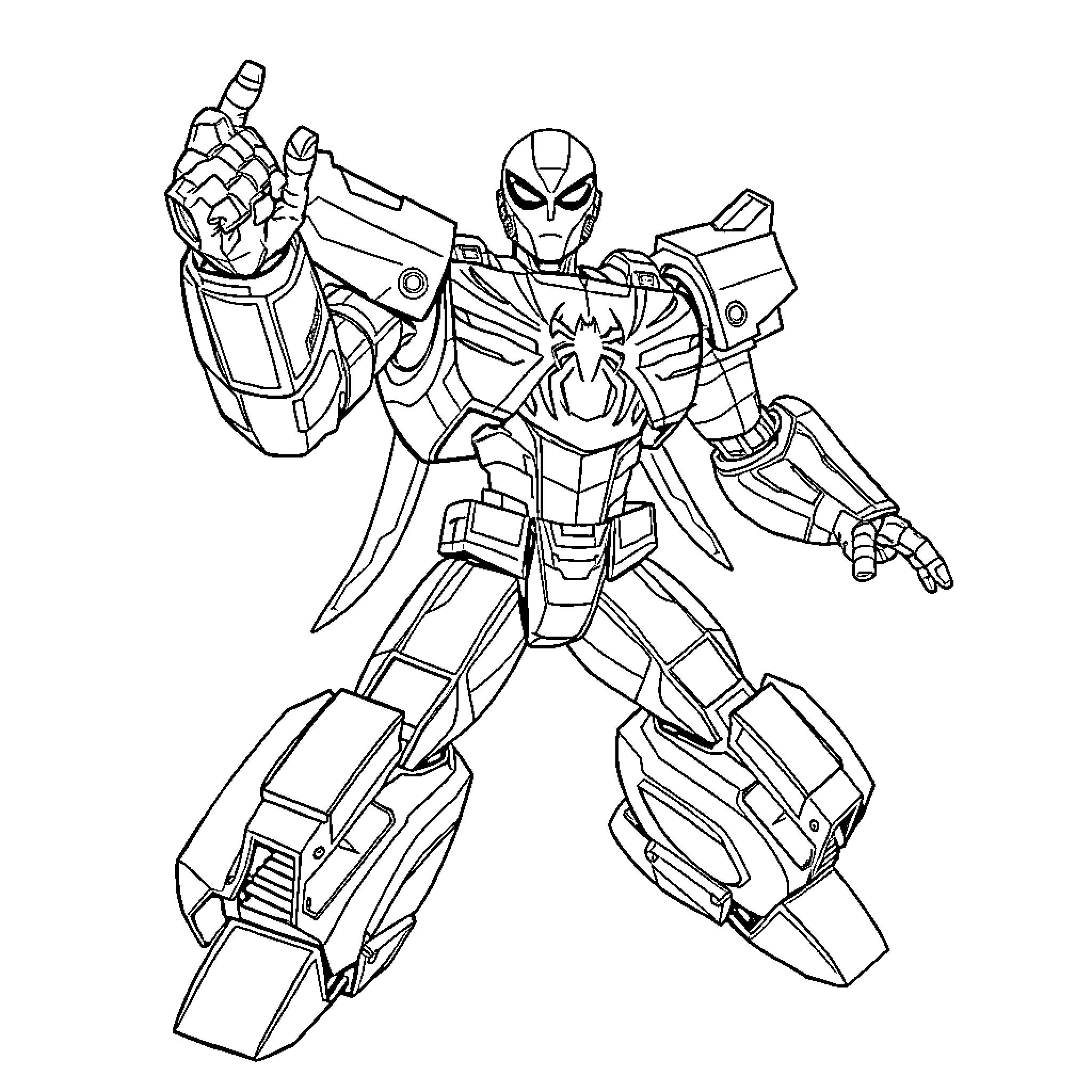 Spiderman-inspired Futuristic Robot in Action Pose Coloring Page (free black-and-white line drawing printable PDF for all, from beginners to advanced learners, including children, teens, adults, and seniors)