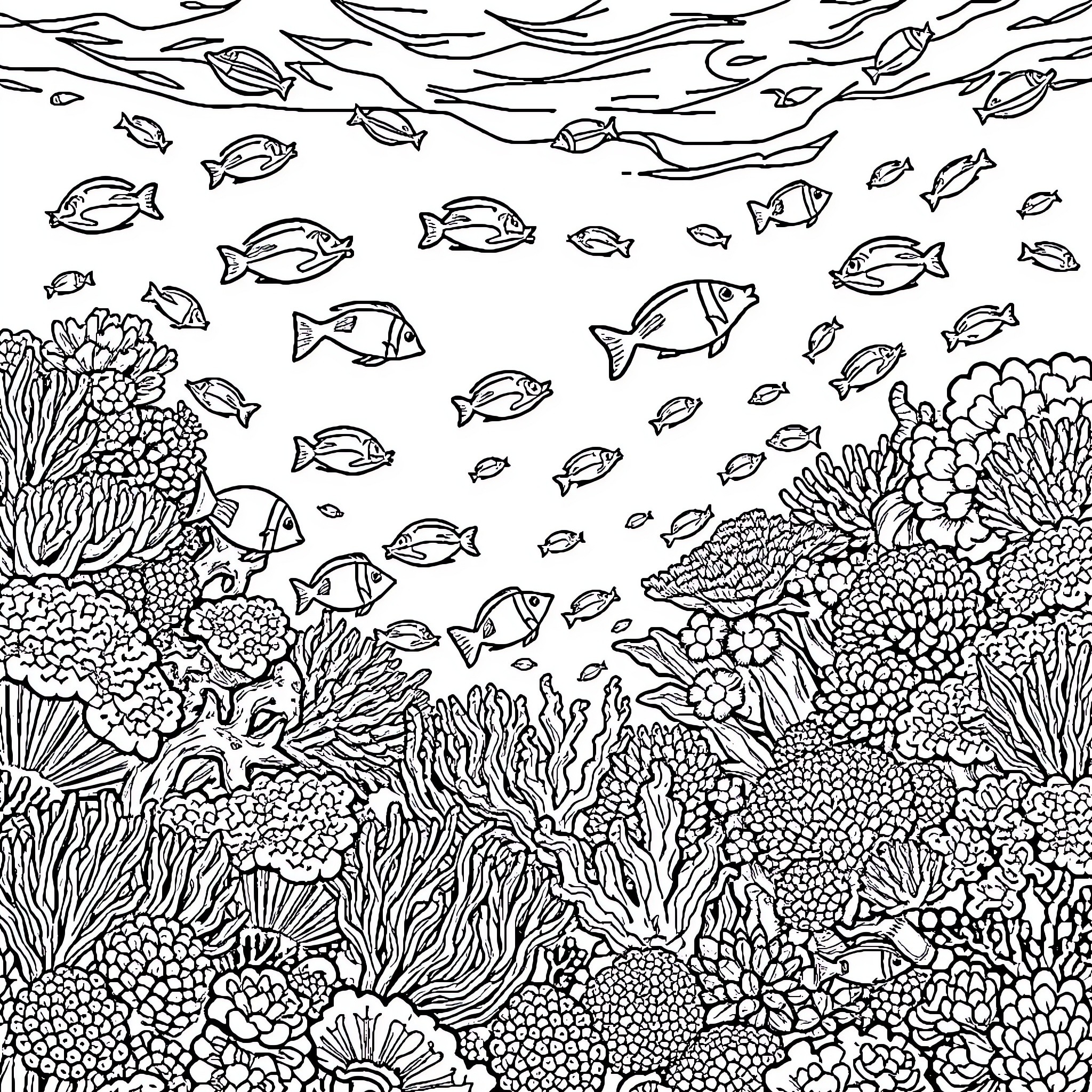 Fish swimming among colorful coral reef Coloring Page (free black-and-white line drawing printable PDF for all, from beginners to advanced learners, including children, teens, adults, and seniors)
