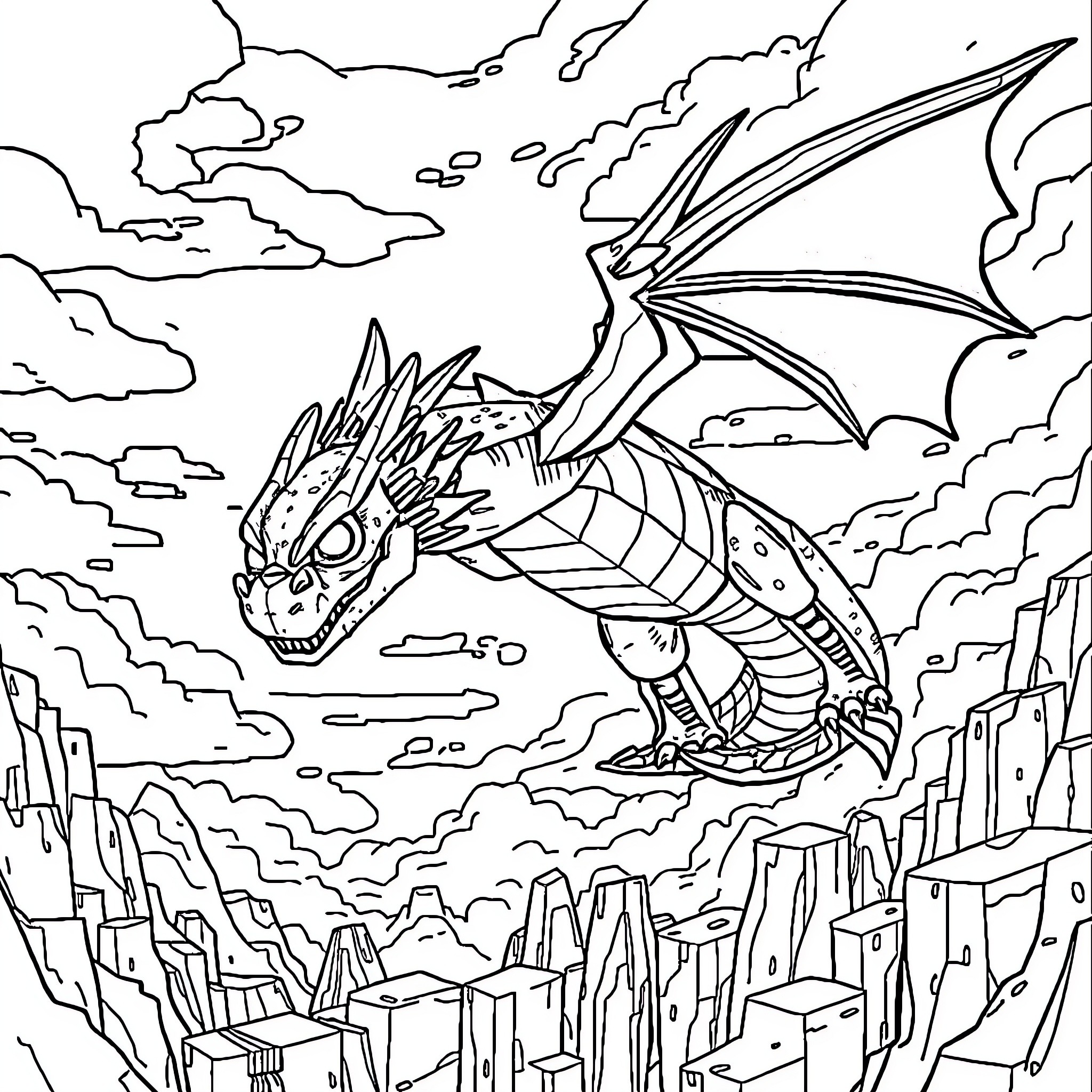 Ender Dragon soaring above a mystical landscape Coloring Page (free black-and-white line drawing printable PDF for all, from beginners to advanced learners, including children, teens, adults, and seniors)