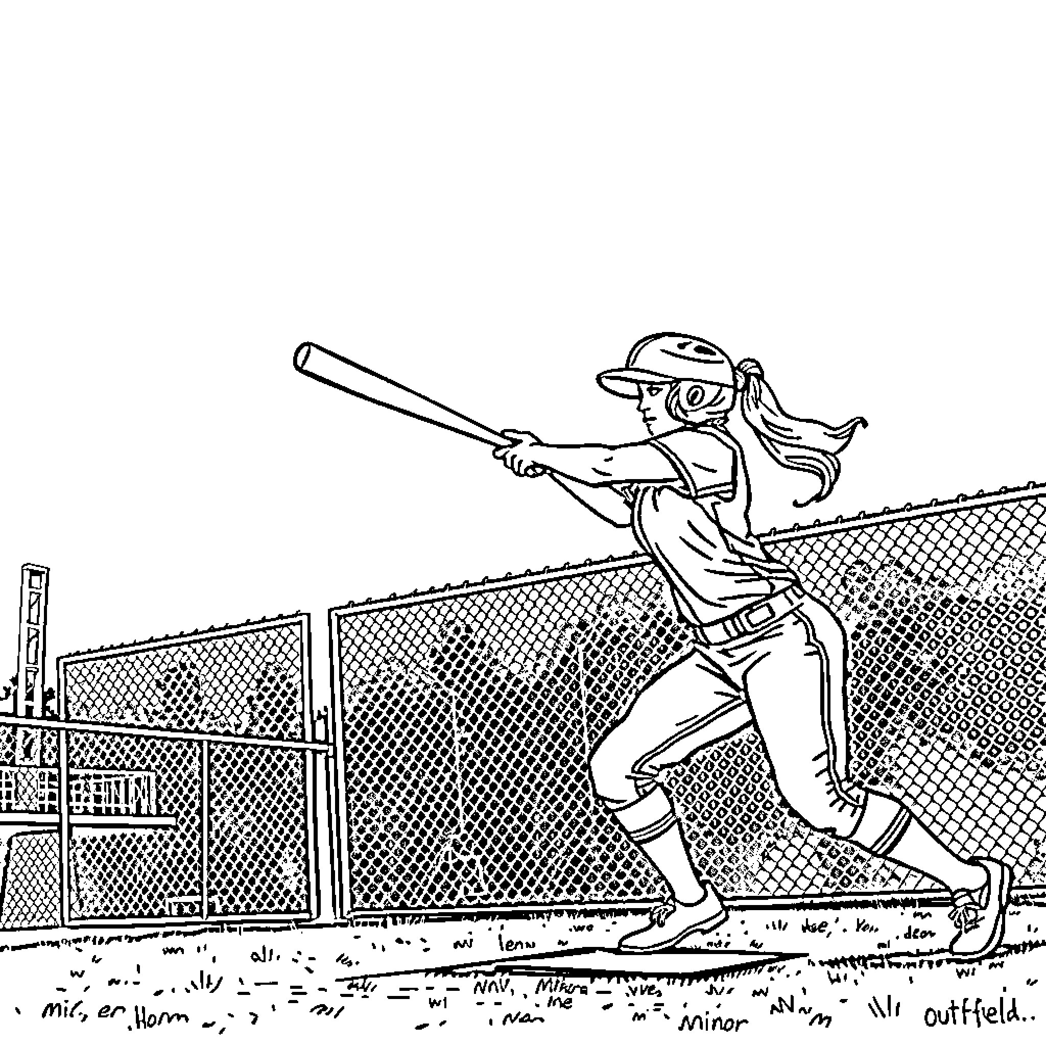 Softball Player Batting at Home Plate Coloring Page (free black-and-white line drawing printable PDF for all, from beginners to advanced learners, including children, teens, adults, and seniors)