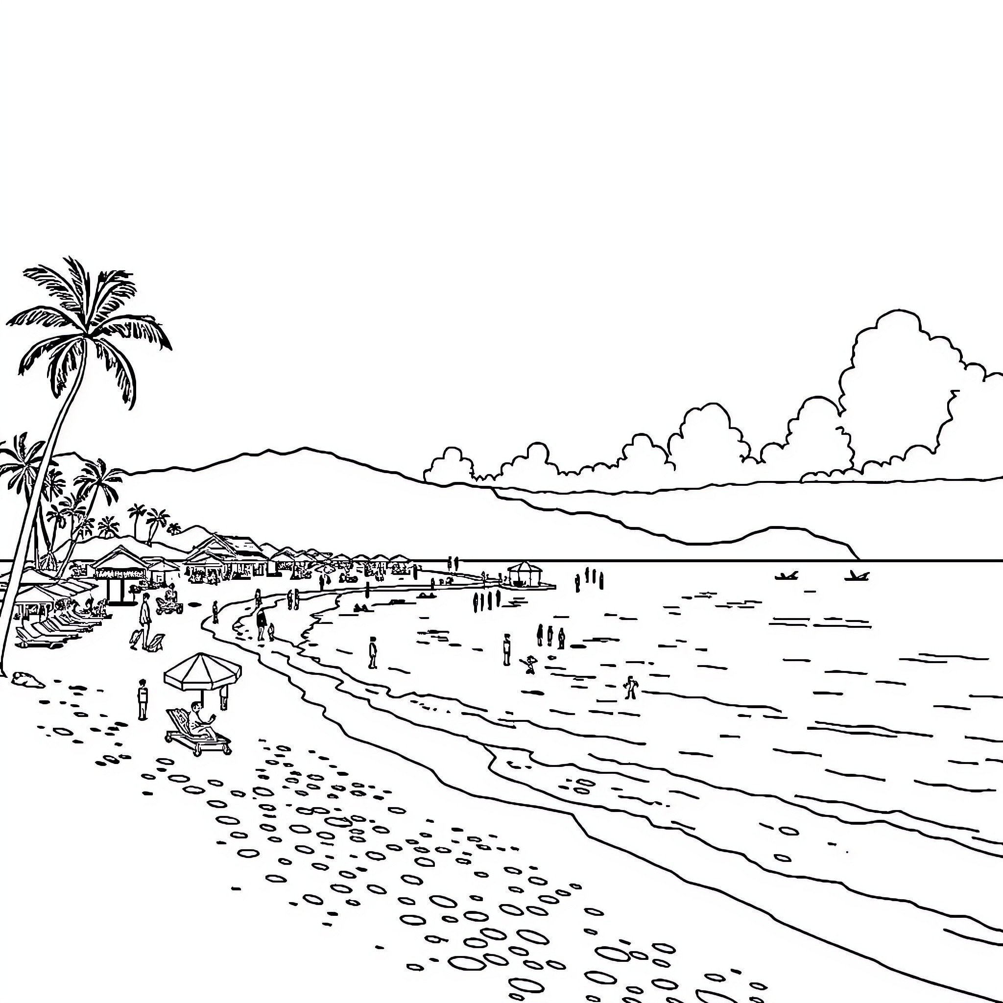 Beach with Beachgoers and Palm Trees Coloring Page (free black-and-white line drawing printable PDF for all, from beginners to advanced learners, including children, teens, adults, and seniors)