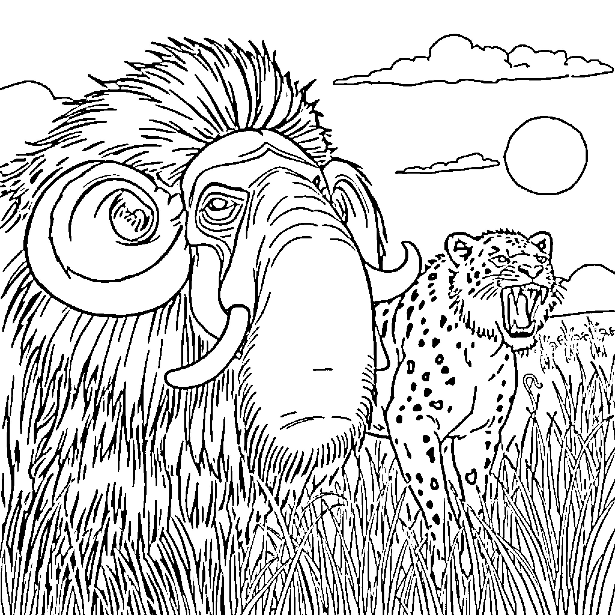 Mammoth and leopard in the wild Coloring Page (free black-and-white line drawing printable PDF for all, from beginners to advanced learners, including children, teens, adults, and seniors)