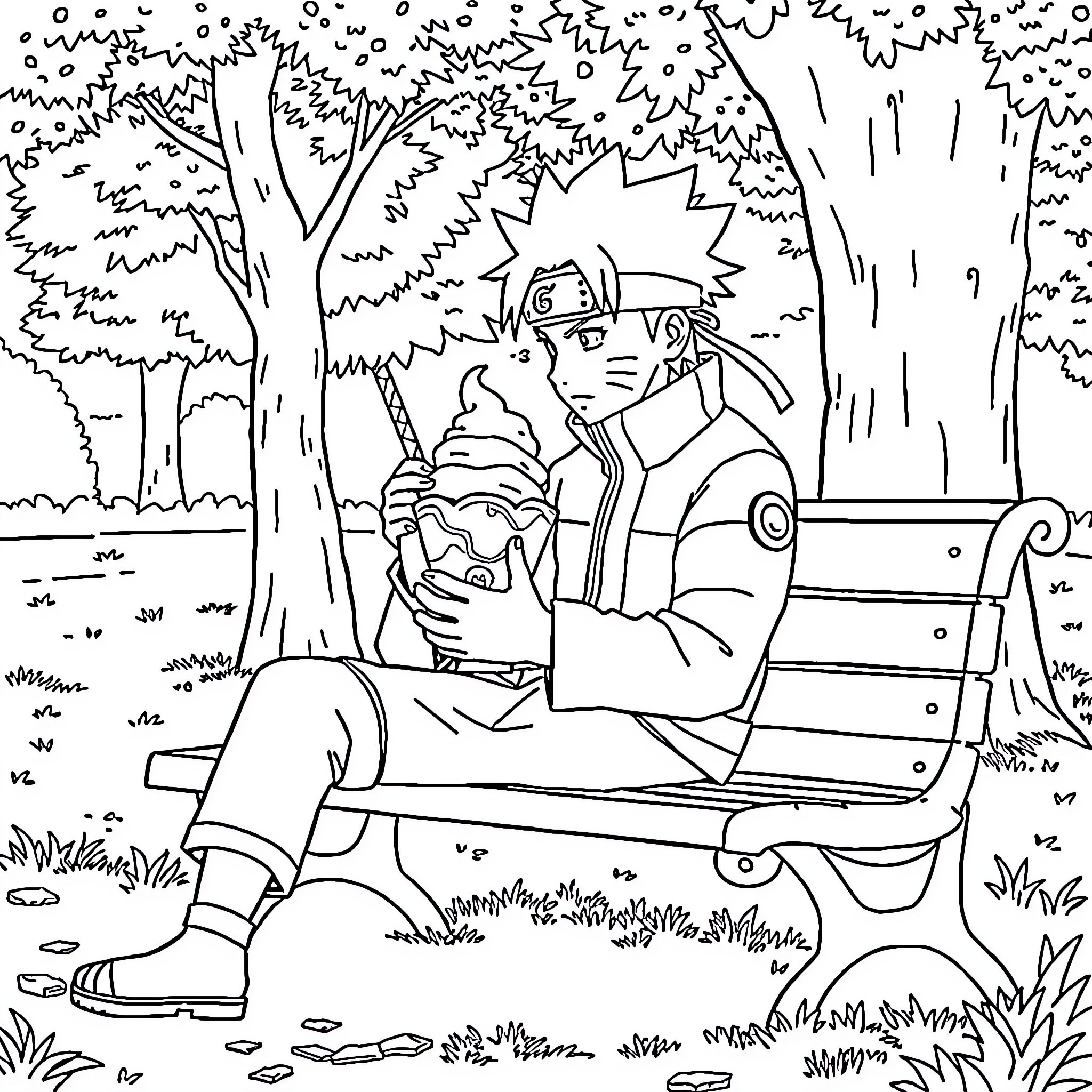 Naruto resting on a bench in the forest Coloring Page (free black-and-white line drawing printable PDF for all, from beginners to advanced learners, including children, teens, adults, and seniors)
