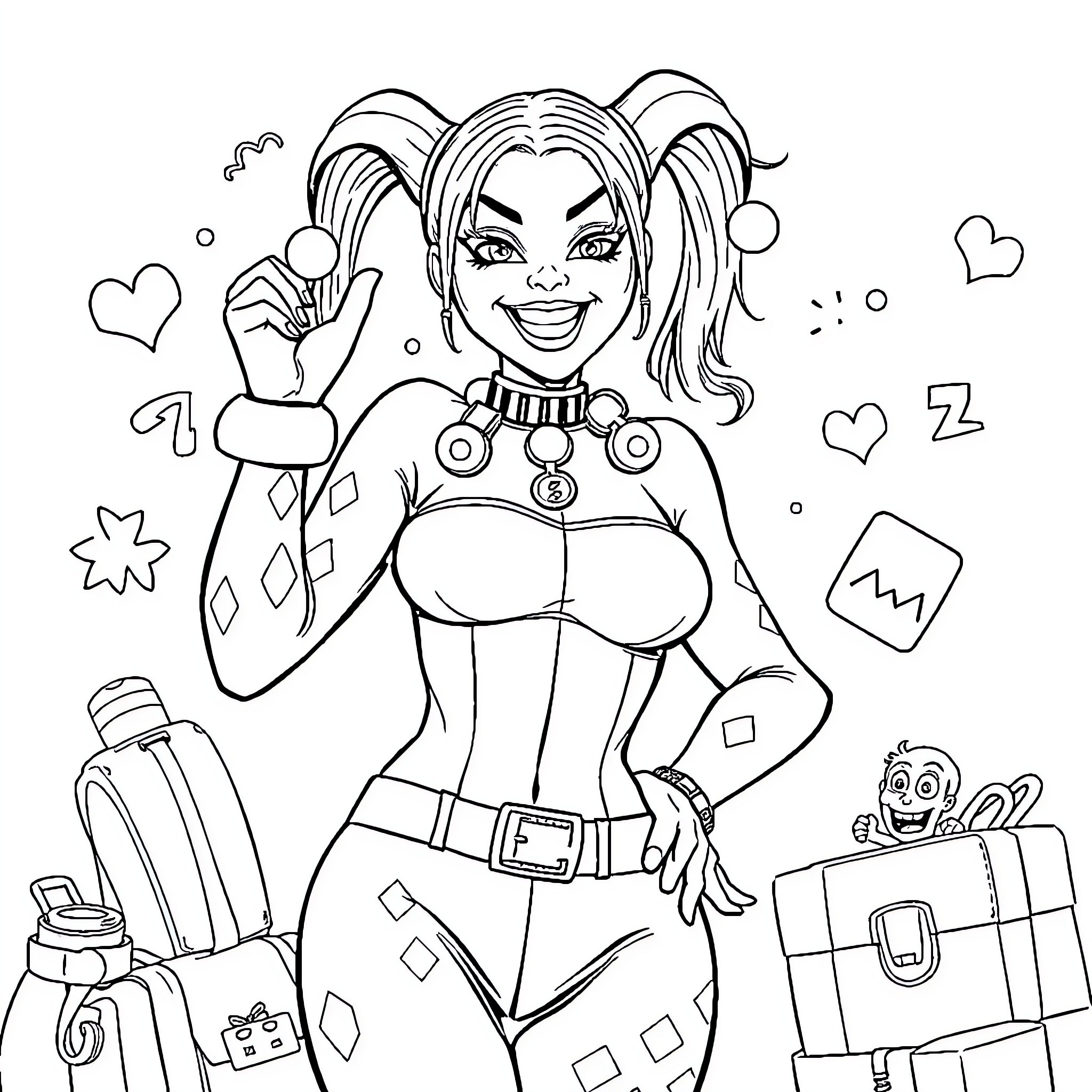 Harley Quinn's Quirky Adventures Coloring Page (free black-and-white line drawing printable PDF for all, from beginners to advanced learners, including children, teens, adults, and seniors)