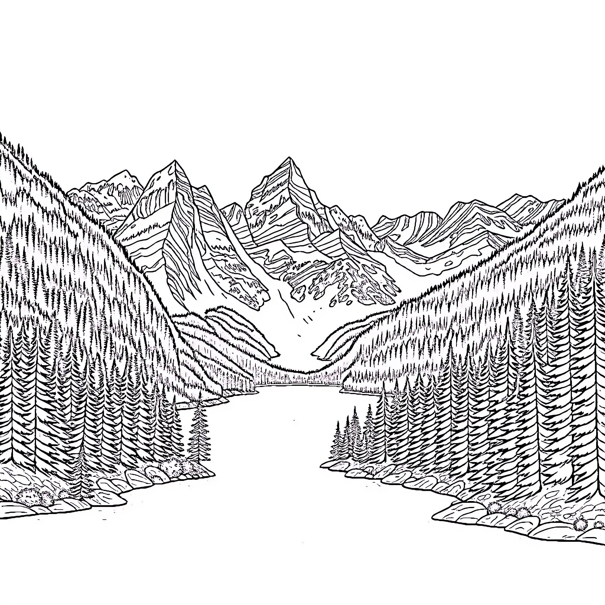 Landscape of majestic mountains and serene lake Coloring Page (free black-and-white line drawing printable PDF for all, from beginners to advanced learners, including children, teens, adults, and seniors)
