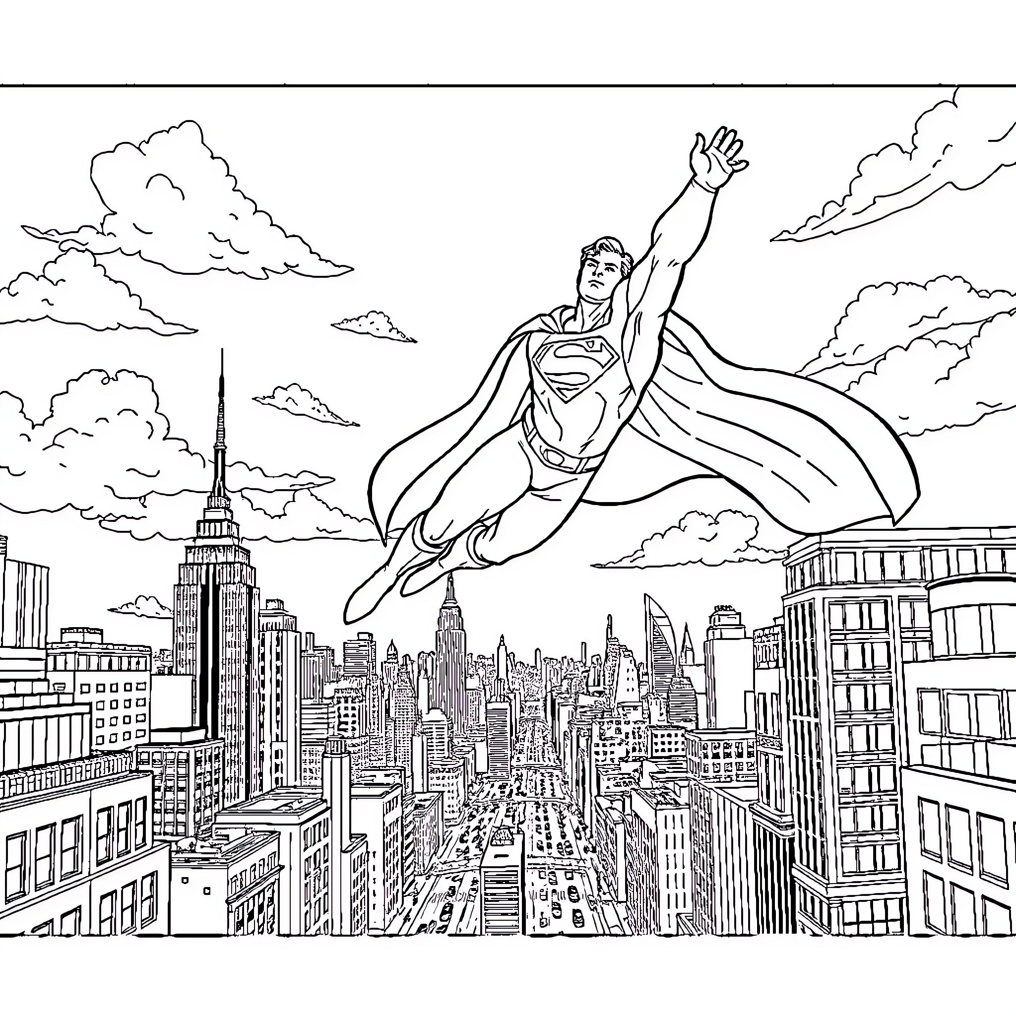 Superman soaring over the city skyline Coloring Page (free black-and-white line drawing printable PDF for all, from beginners to advanced learners, including children, teens, adults, and seniors)
