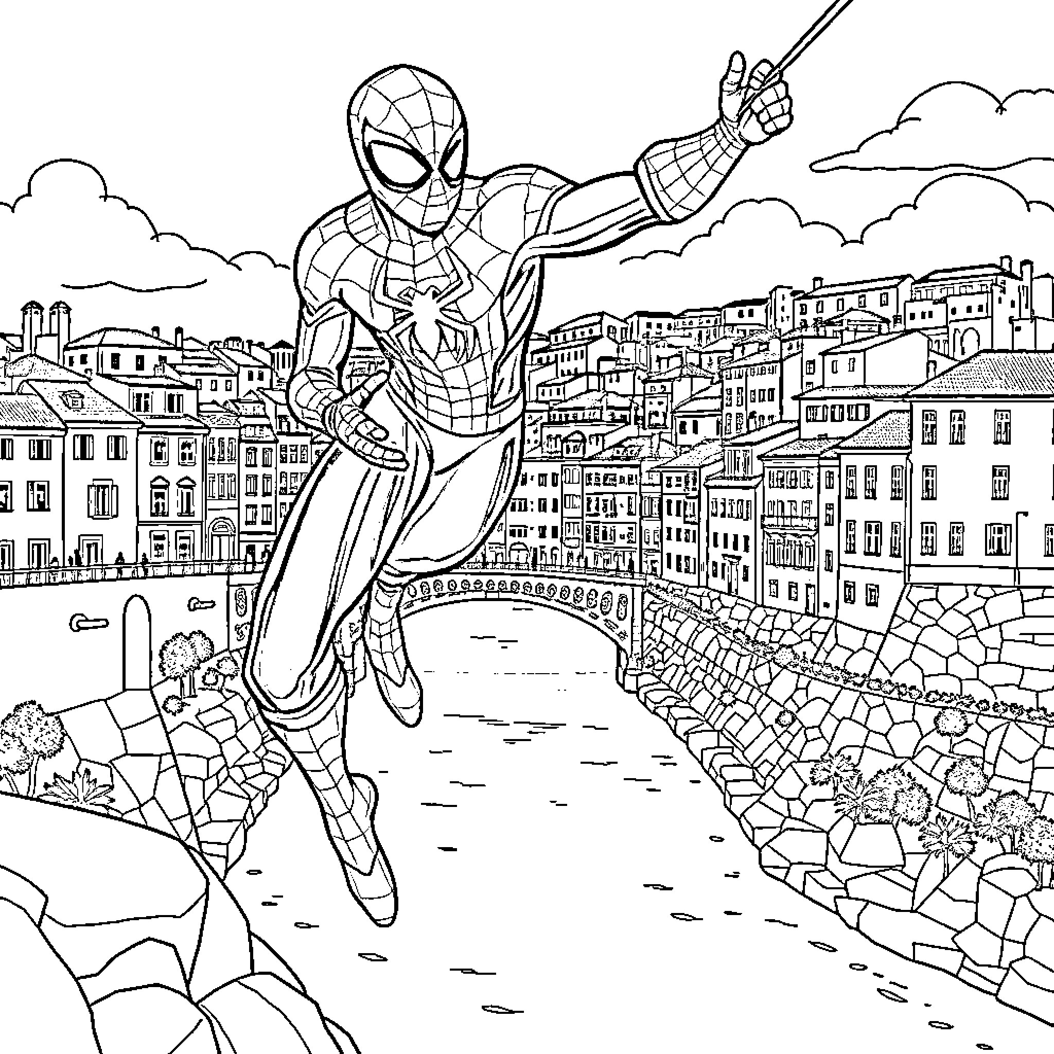 Spiderman swinging through the city streets Coloring Page (free black-and-white line drawing printable PDF for all, from beginners to advanced learners, including children, teens, adults, and seniors)
