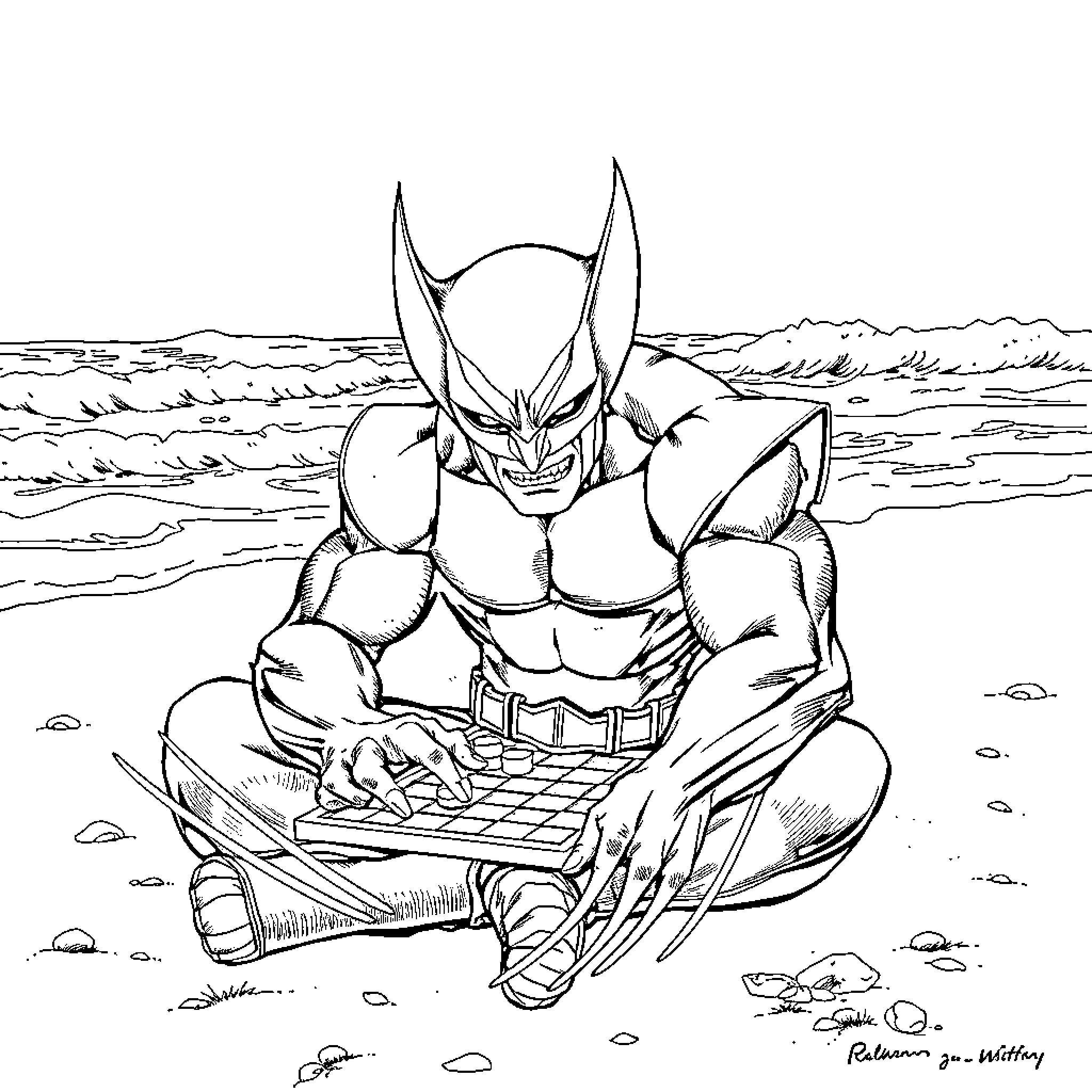 Wolverine contemplating in the desert Coloring Page (free black-and-white line drawing printable PDF for all, from beginners to advanced learners, including children, teens, adults, and seniors)