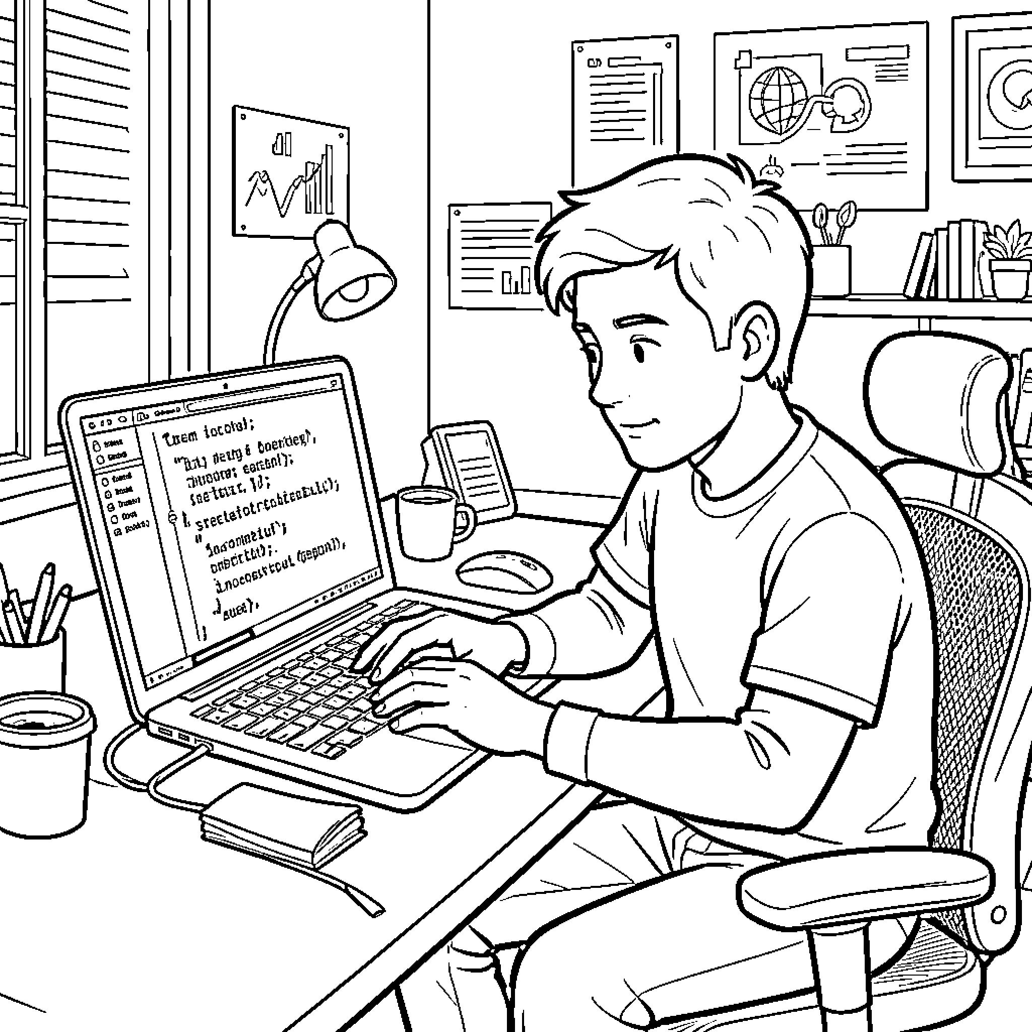 Chat with digital device in home office Coloring Page (free black-and-white line drawing printable PDF for all, from beginners to advanced learners, including children, teens, adults, and seniors)