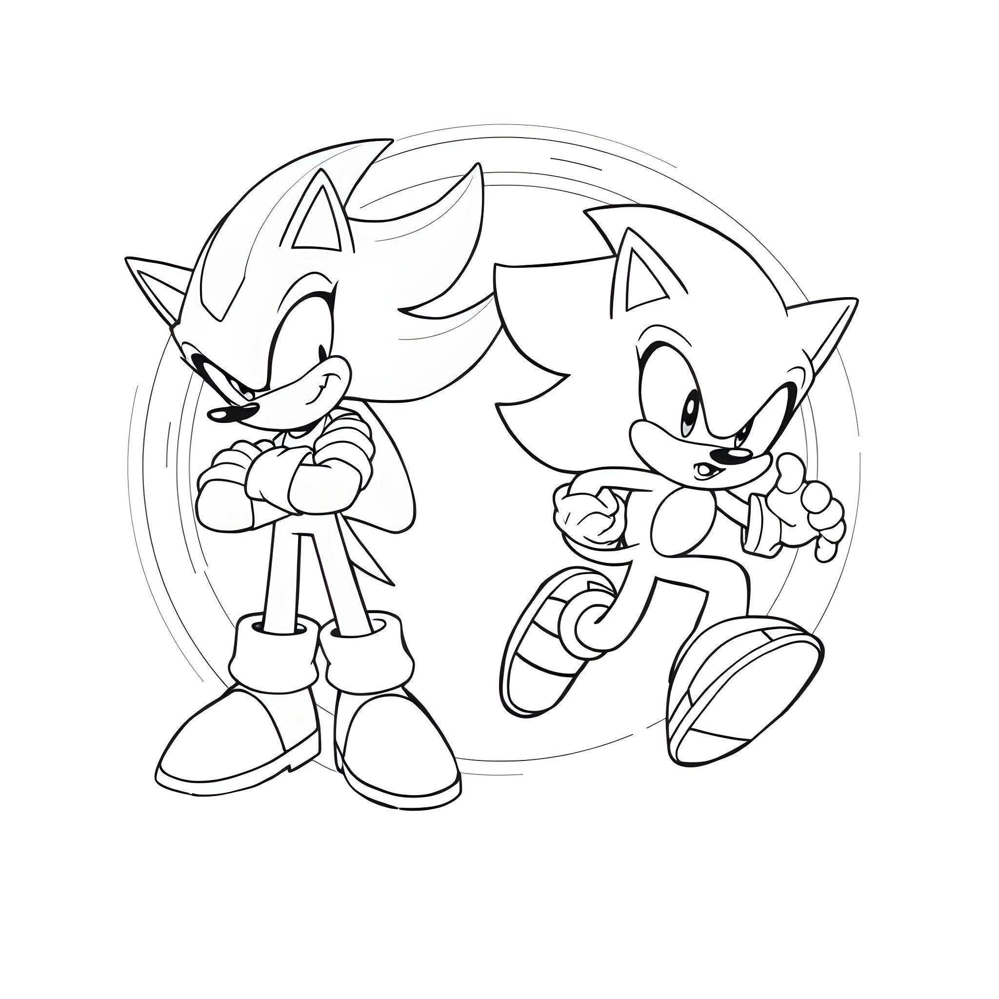 Sonic characters in action poses Coloring Page (free black-and-white line drawing printable PDF for all, from beginners to advanced learners, including children, teens, adults, and seniors)