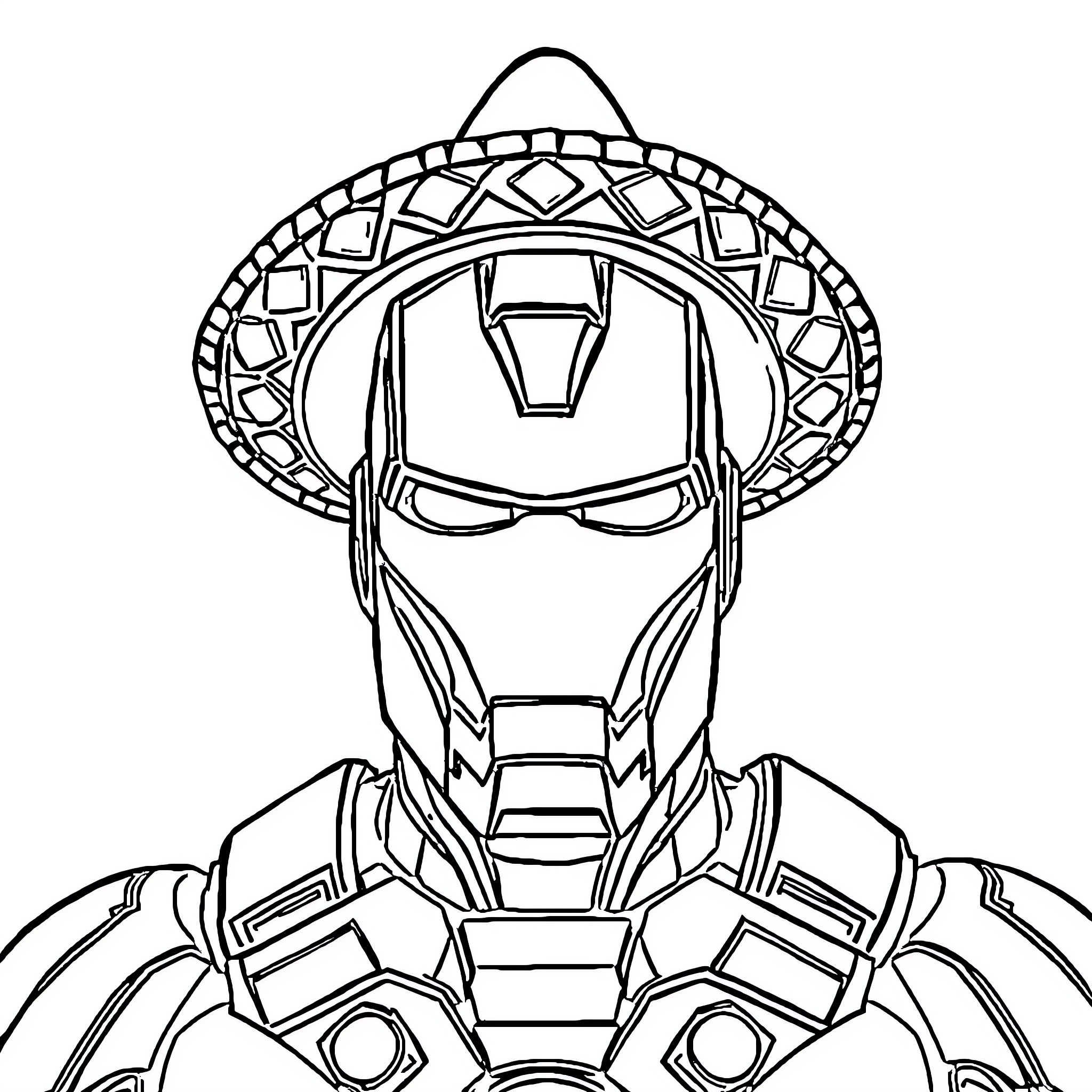 Ironman in ornate, armored outfit Coloring Page (free black-and-white line drawing printable PDF for all, from beginners to advanced learners, including children, teens, adults, and seniors)