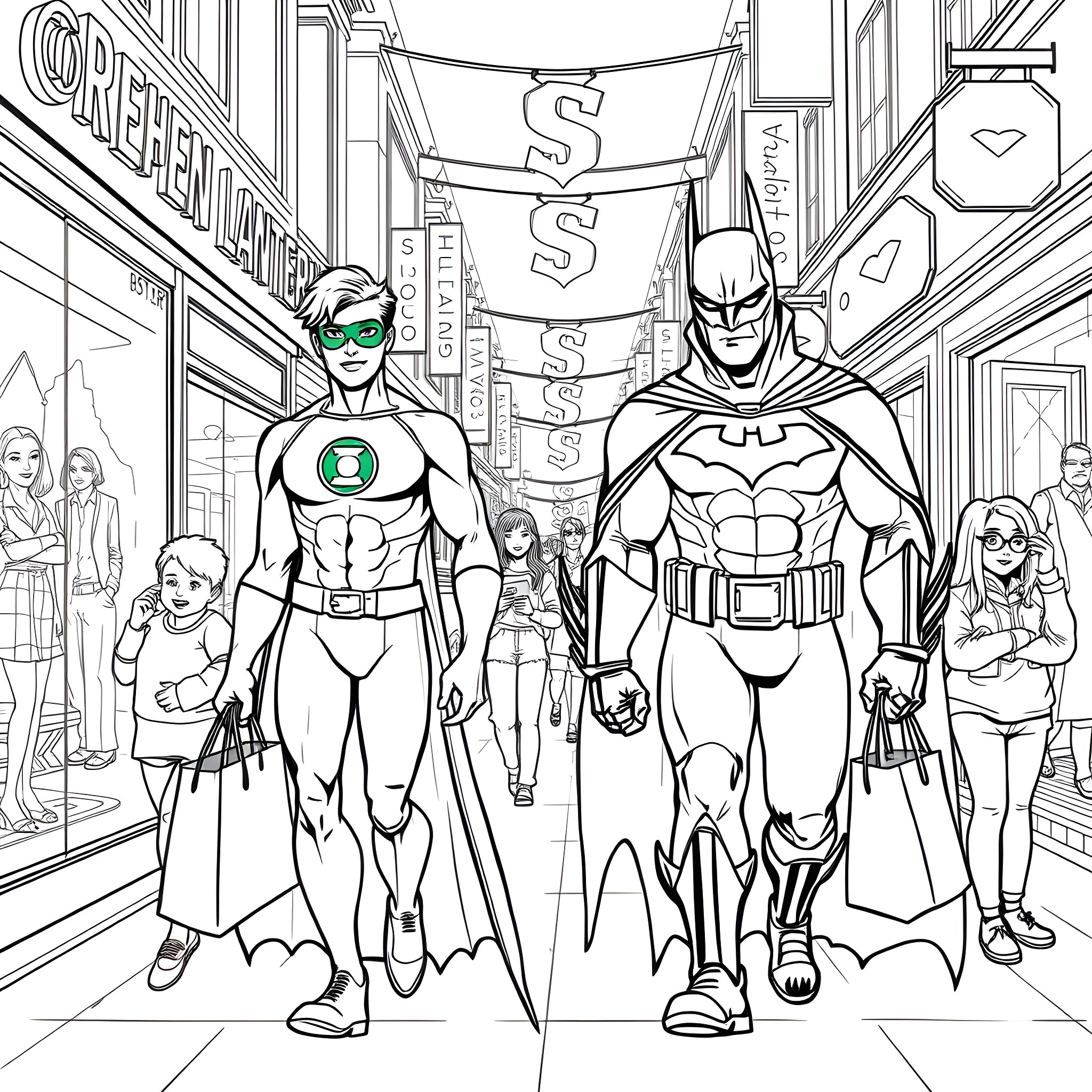 Green Lantern and Batman in action on city streets Coloring Page (free black-and-white line drawing printable PDF for all, from beginners to advanced learners, including children, teens, adults, and seniors)
