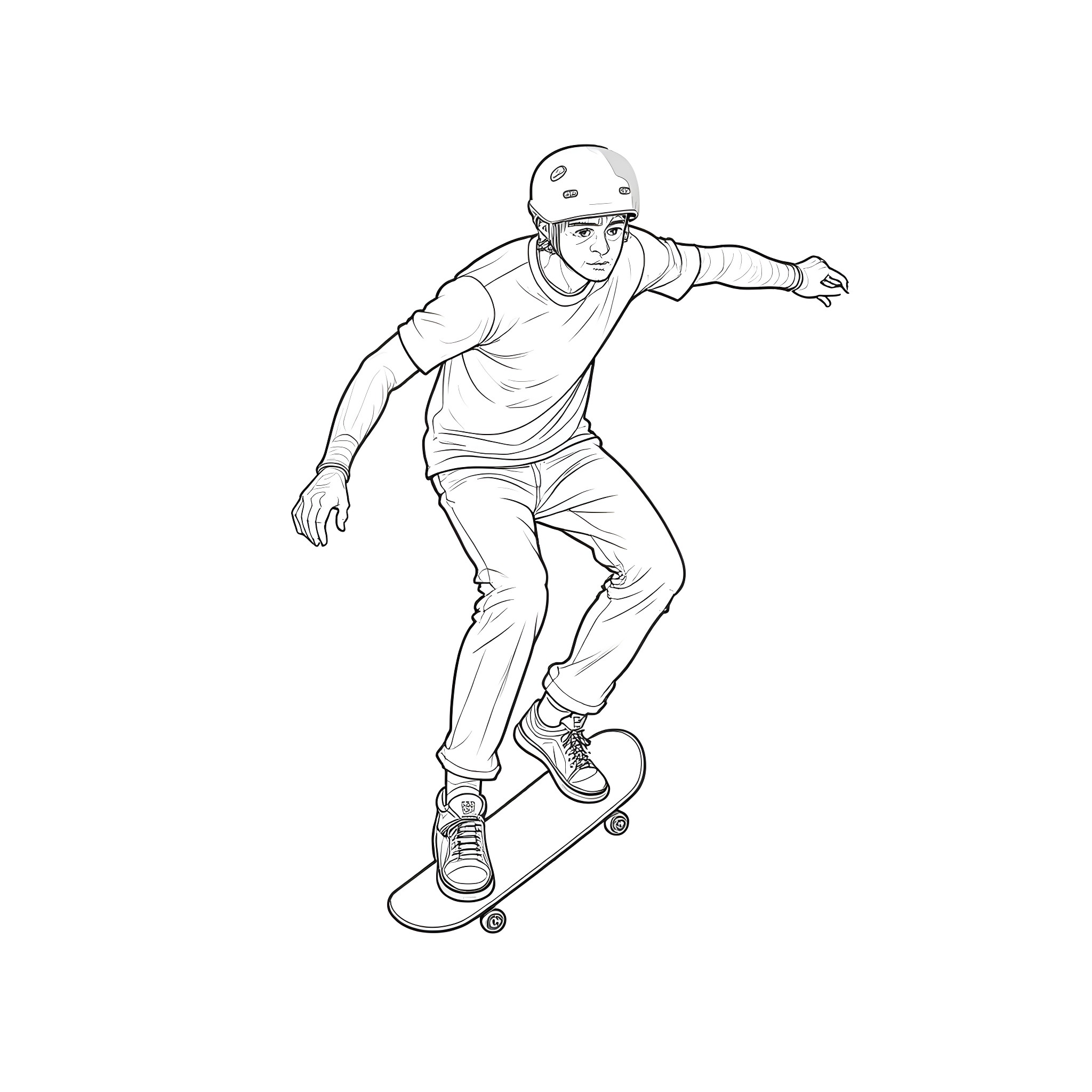 Photographer captures skateboarder in motion Coloring Page (free black-and-white line drawing printable PDF for all, from beginners to advanced learners, including children, teens, adults, and seniors)