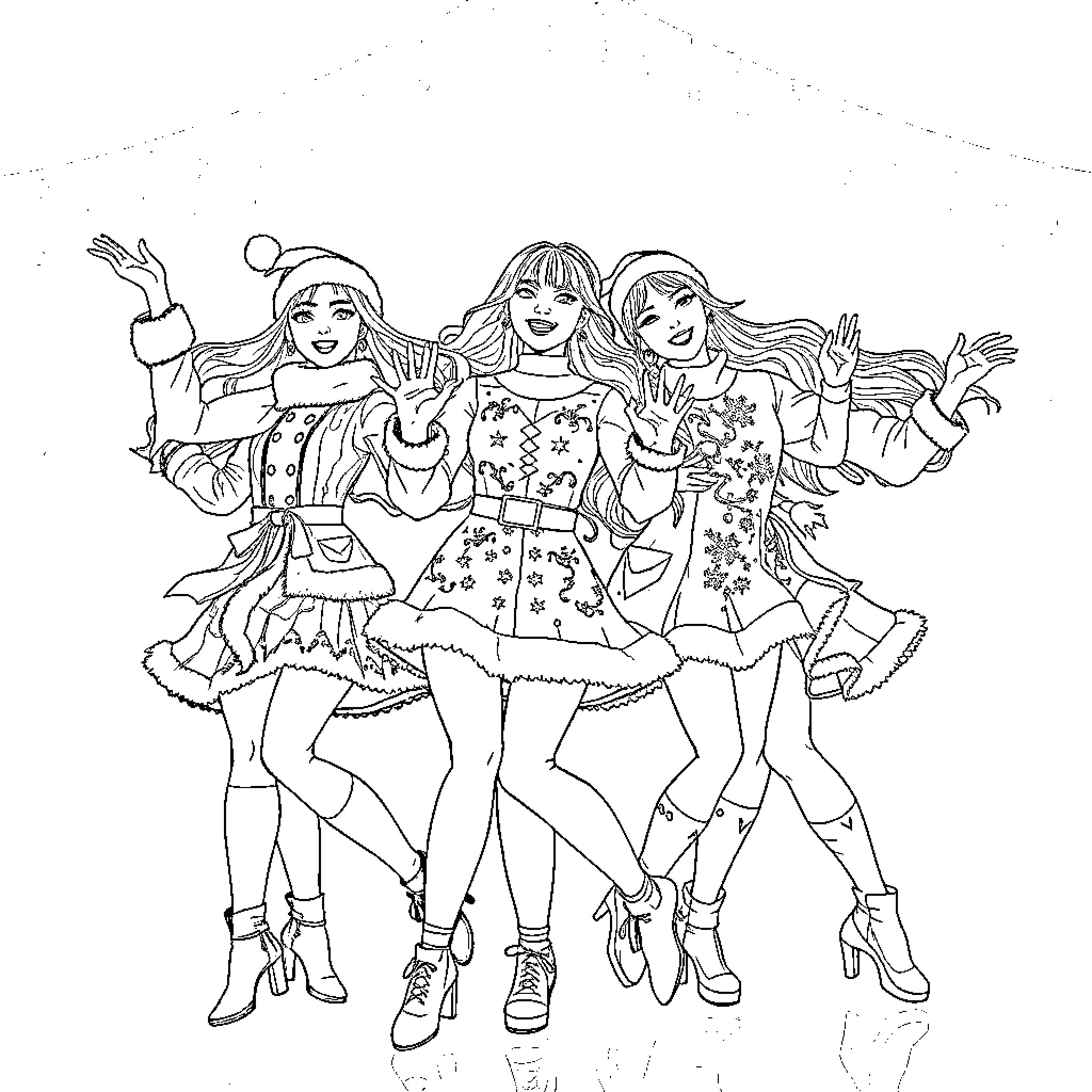Kpop Warriors Striking Vibrant Poses Coloring Page (free black-and-white line drawing printable PDF for all, from beginners to advanced learners, including children, teens, adults, and seniors)