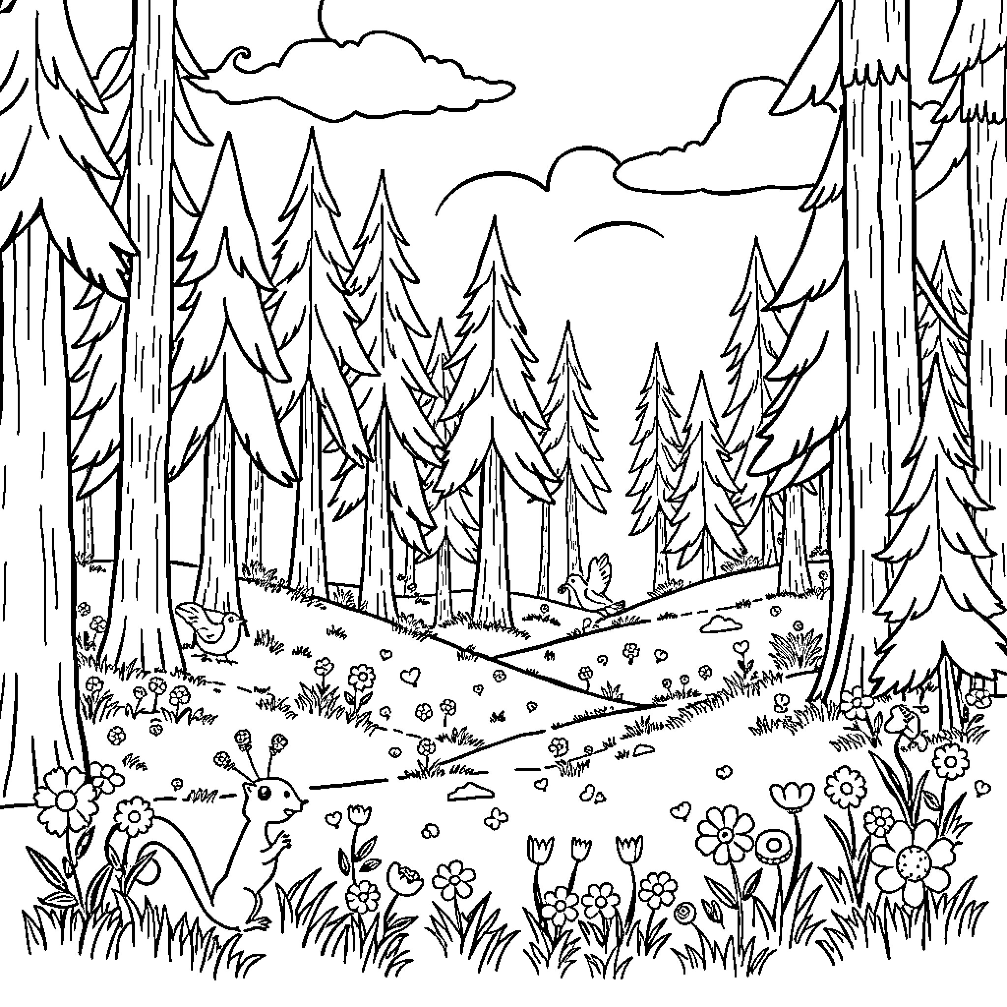 Forest with Flowers and Fauna Coloring Page (free black-and-white line drawing printable PDF for all, from beginners to advanced learners, including children, teens, adults, and seniors)