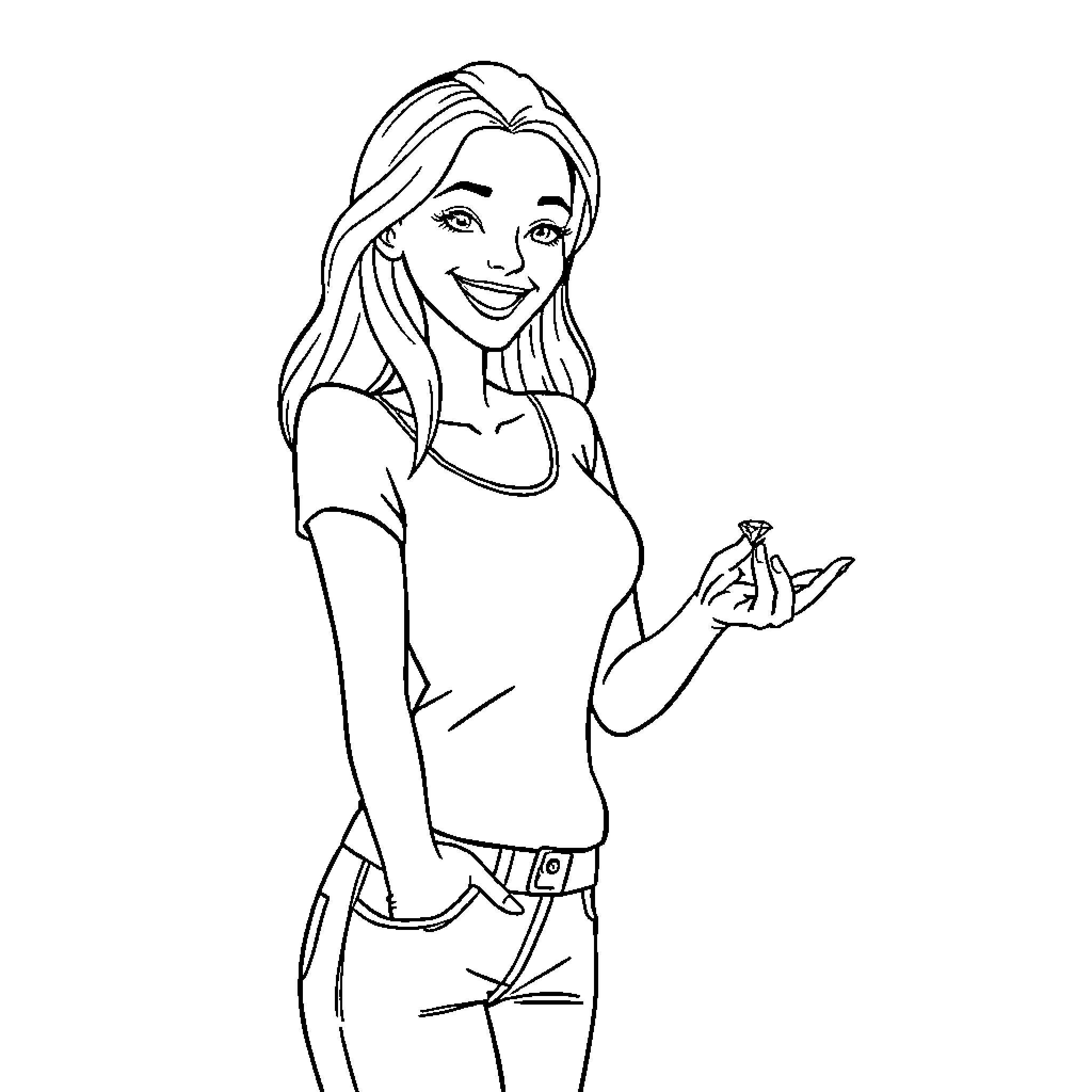 Woman smiling and gesturing happily Coloring Page (free black-and-white line drawing printable PDF for all, from beginners to advanced learners, including children, teens, adults, and seniors)