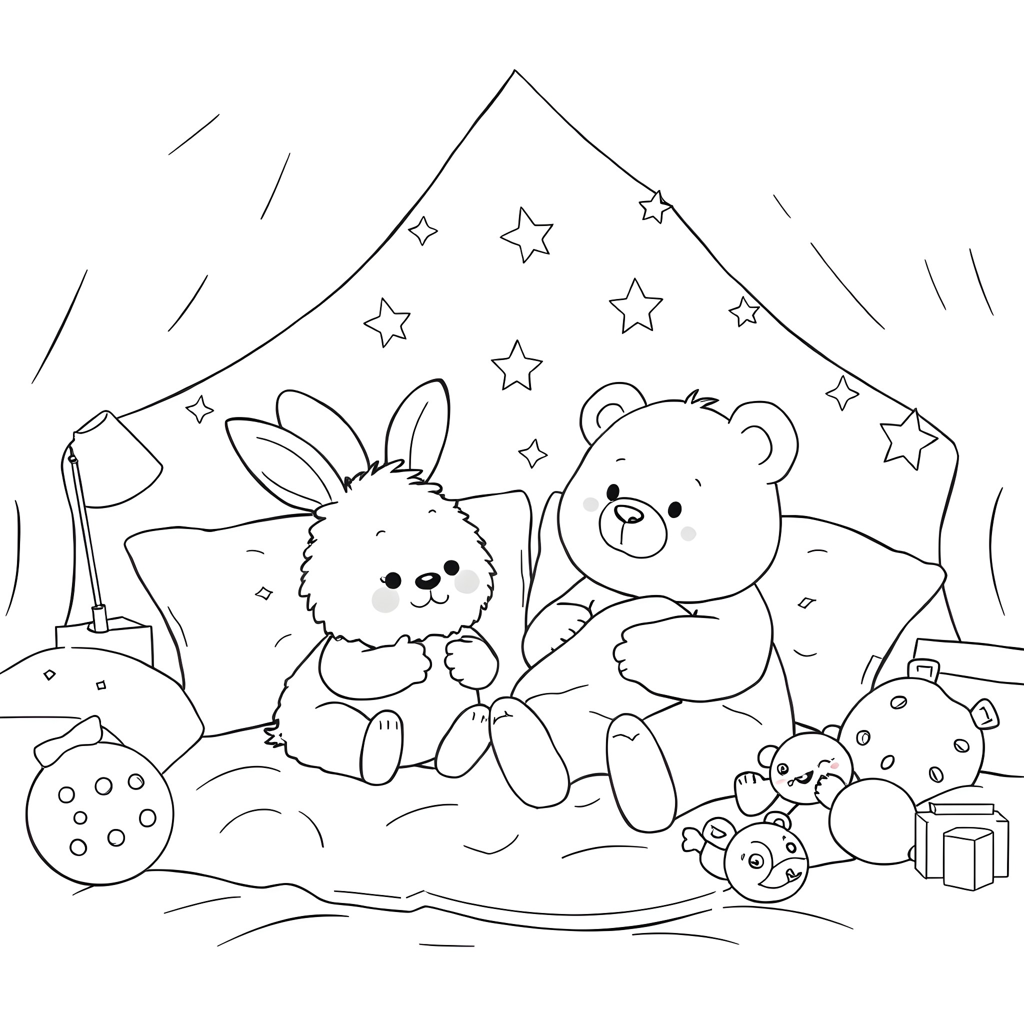 Bunny and Bear playing in a Starry Night Coloring Page (free black-and-white line drawing printable PDF for all, from beginners to advanced learners, including children, teens, adults, and seniors)