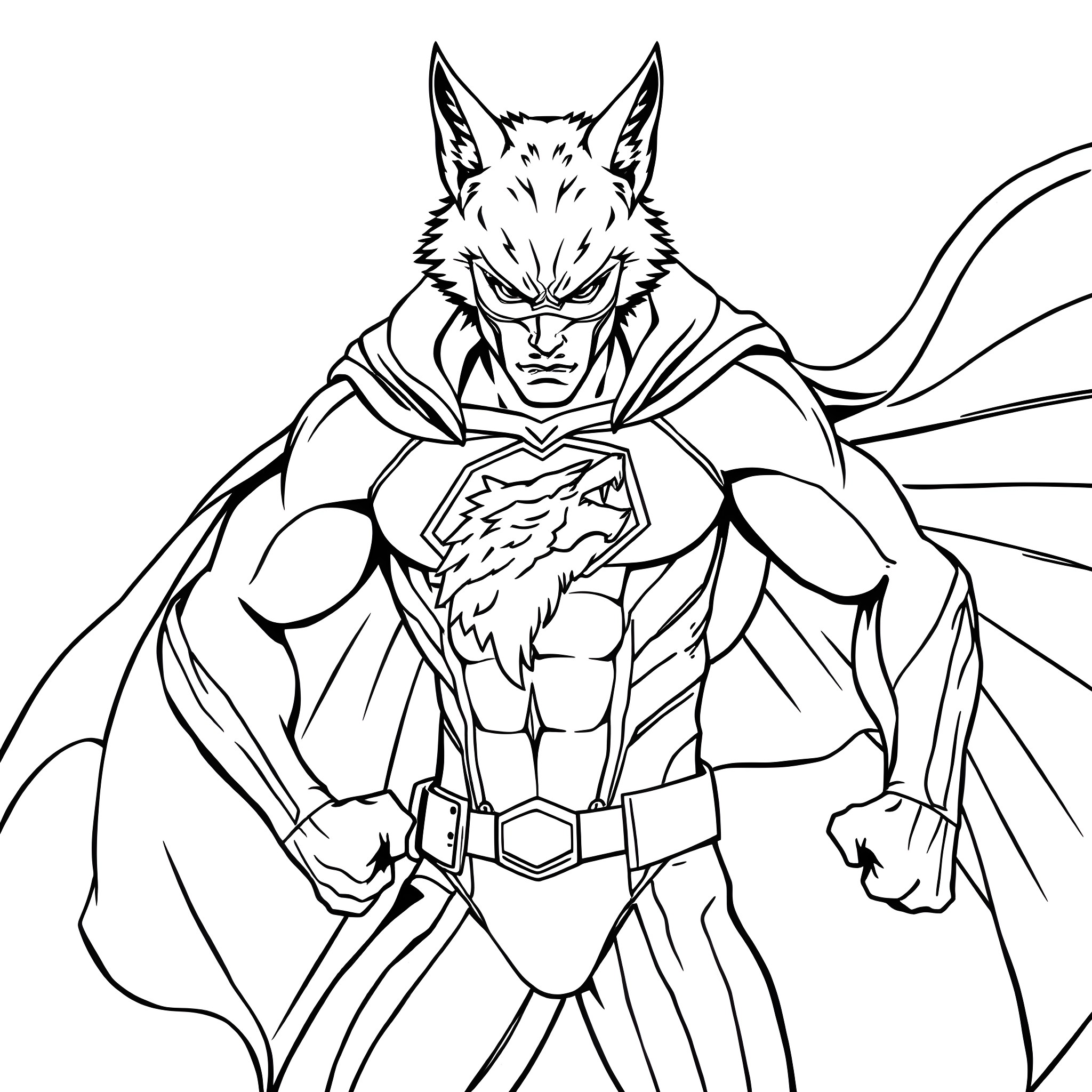 Superhero Wolf Warrior with Fierce Expression Coloring Page (free black-and-white line drawing printable PDF for all, from beginners to advanced learners, including children, teens, adults, and seniors)