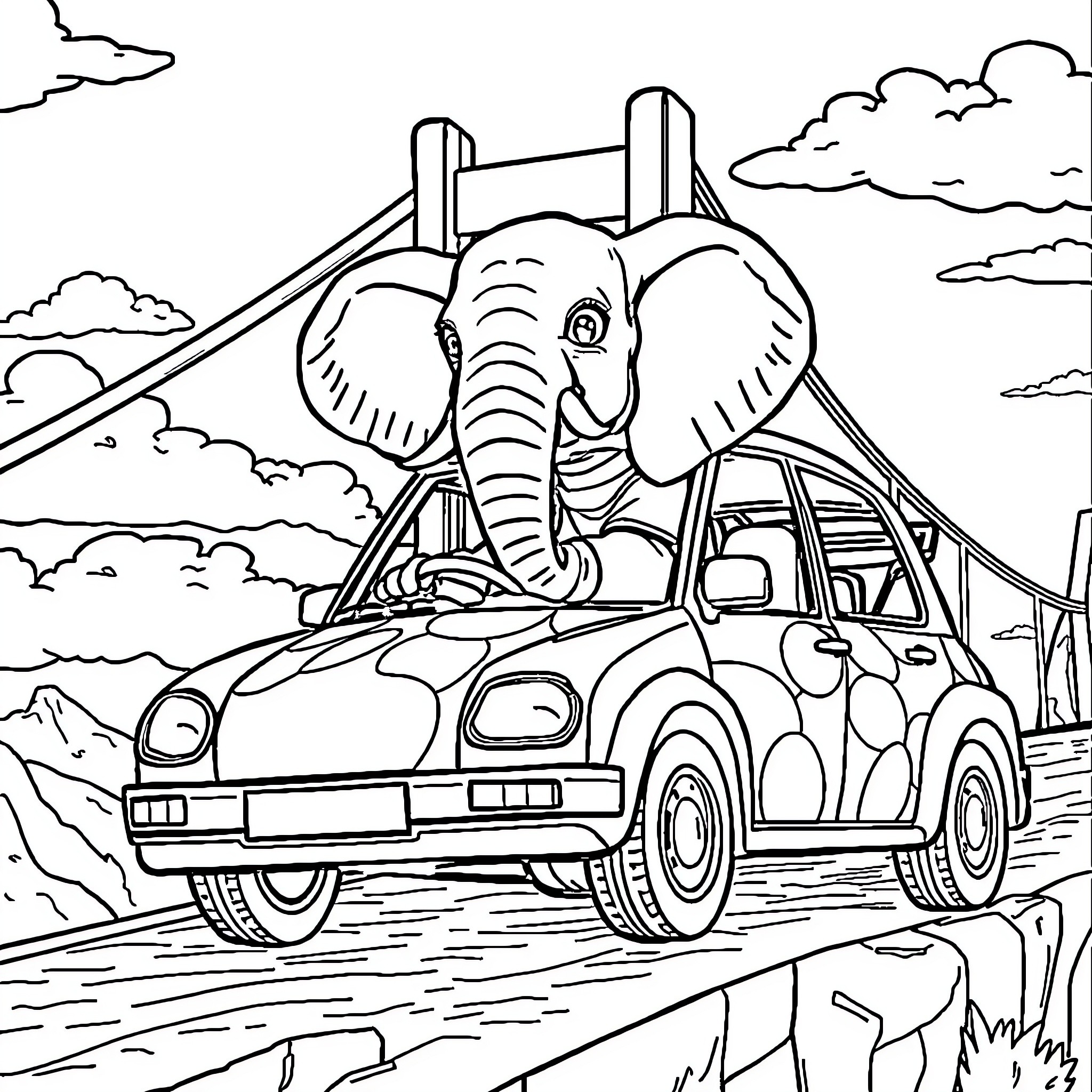 Elephant riding a colorful car on a scenic road Coloring Page (free black-and-white line drawing printable PDF for all, from beginners to advanced learners, including children, teens, adults, and seniors)