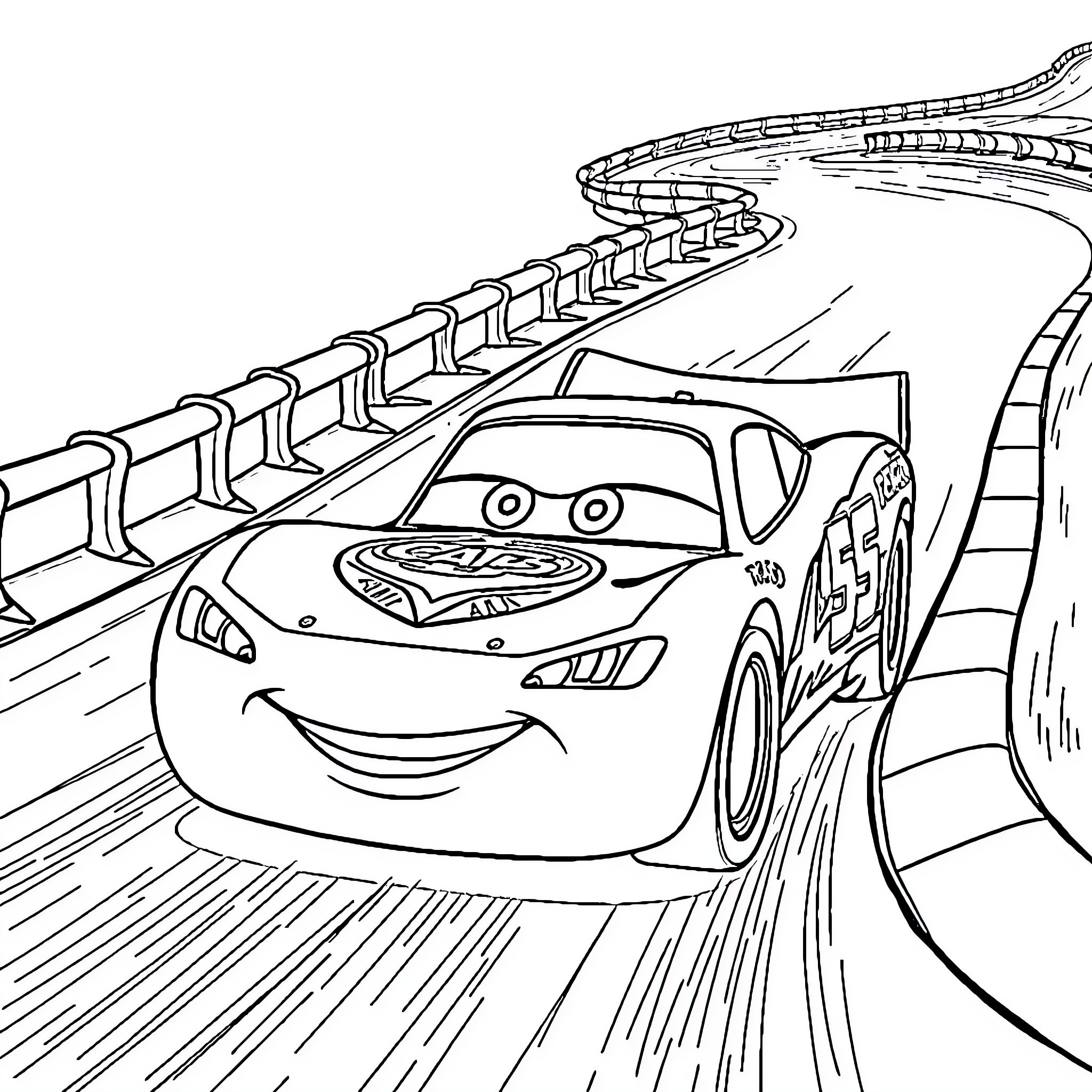 Car racing on a winding track with ramps Coloring Page (free black-and-white line drawing printable PDF for all, from beginners to advanced learners, including children, teens, adults, and seniors)