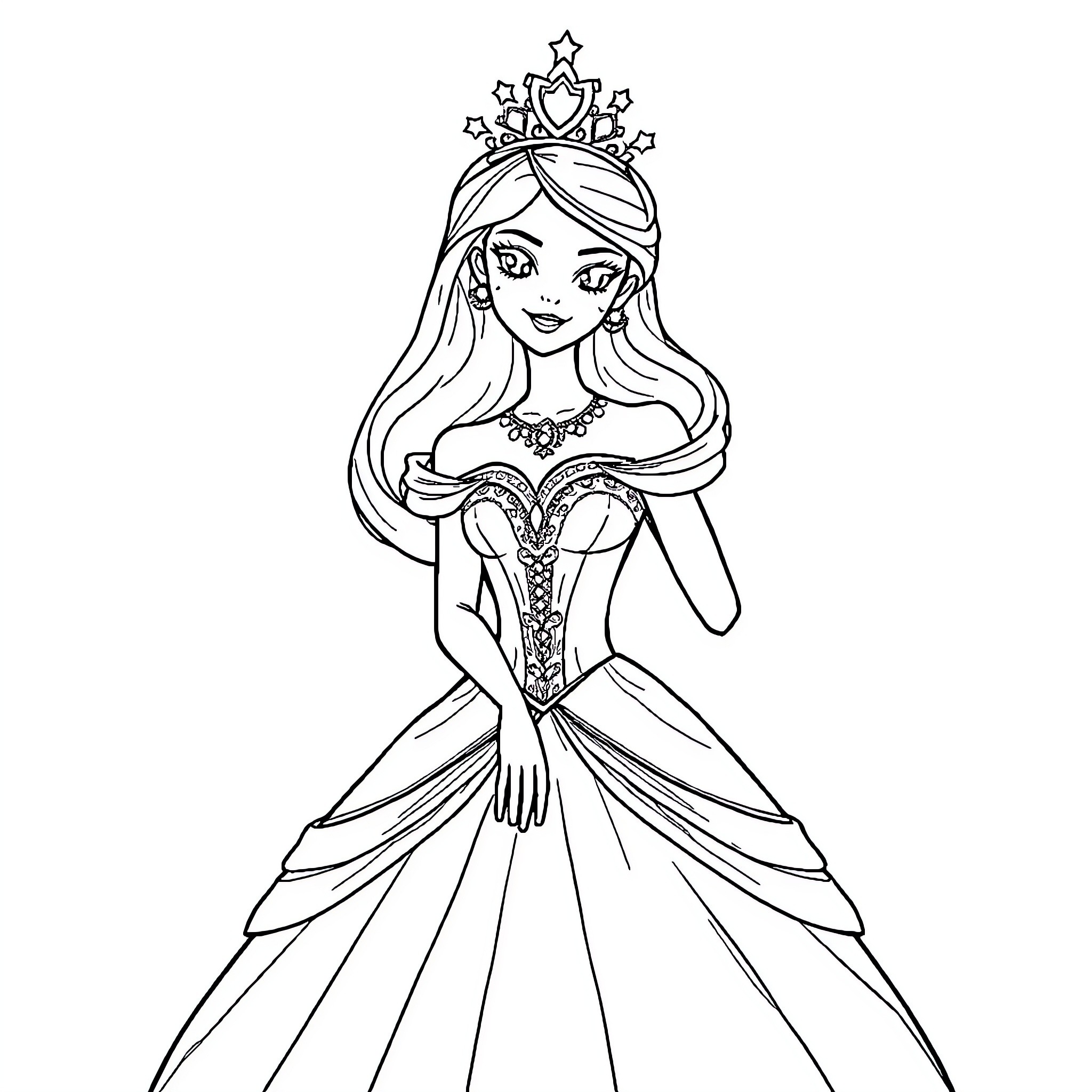 Princess Dressed in Elegant Gown and Tiara Coloring Page (free black-and-white line drawing printable PDF for all, from beginners to advanced learners, including children, teens, adults, and seniors)