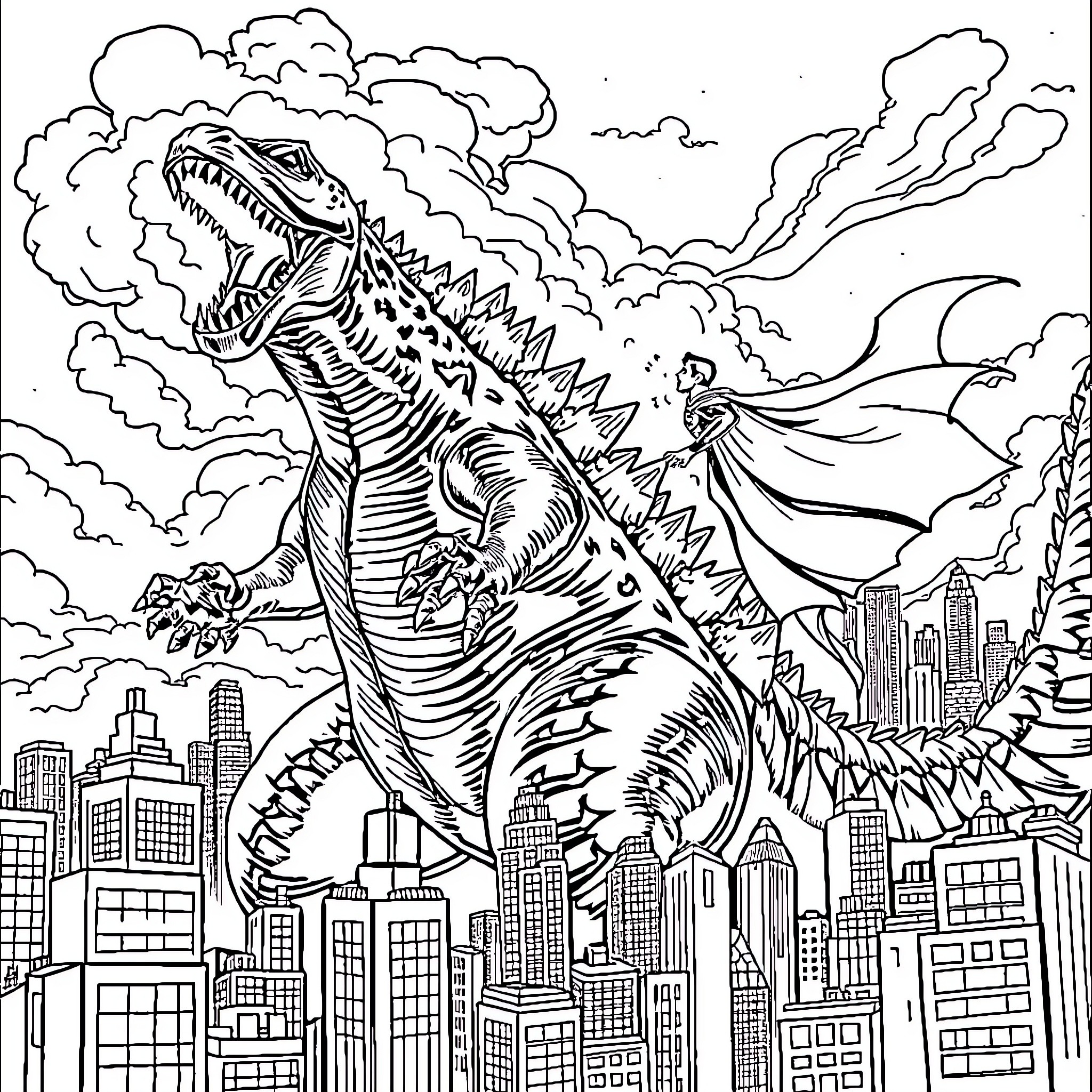 Godzilla rampaging through the city skyline Coloring Page (free black-and-white line drawing printable PDF for all, from beginners to advanced learners, including children, teens, adults, and seniors)