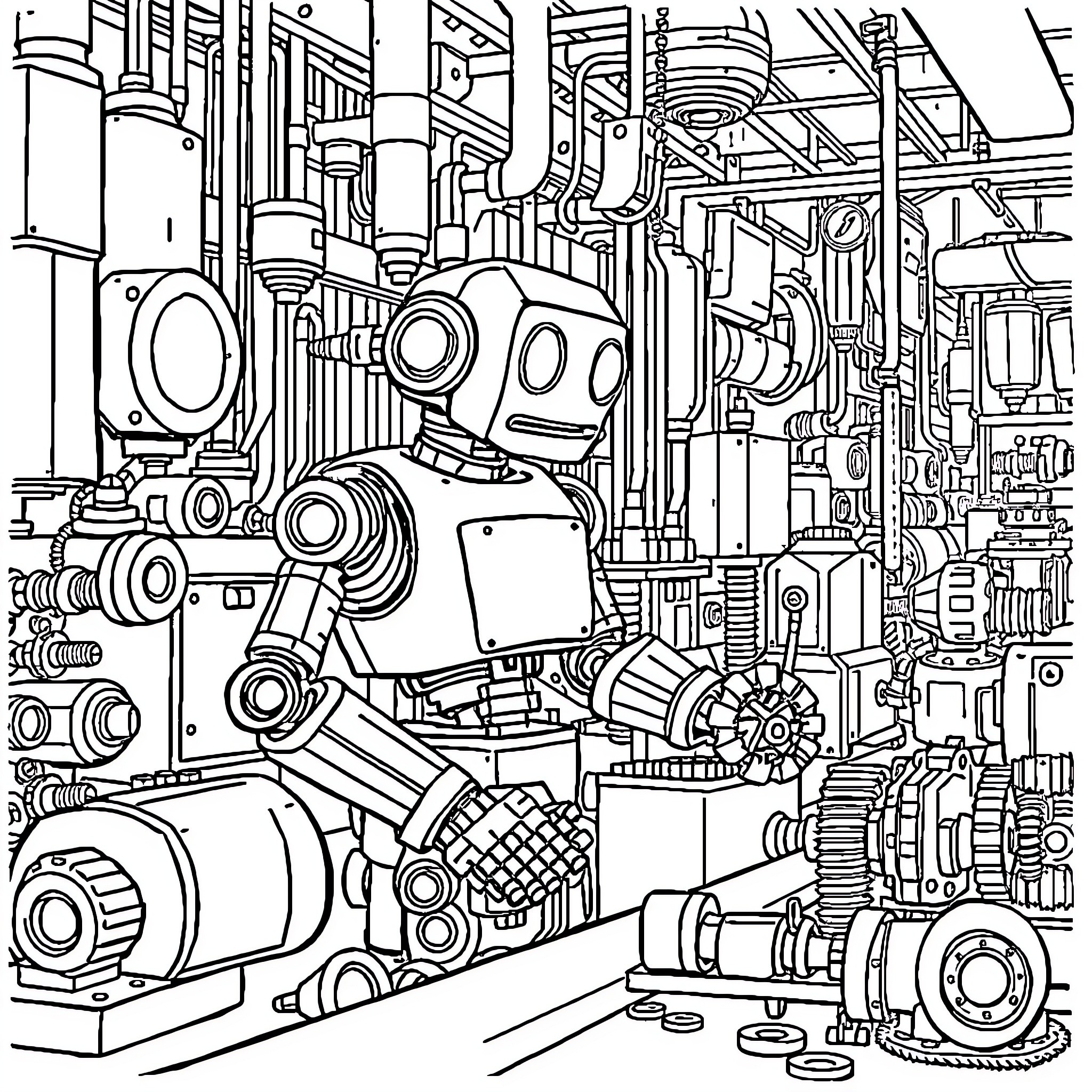 Robot technicians working on mechanical assembly Coloring Page (free black-and-white line drawing printable PDF for all, from beginners to advanced learners, including children, teens, adults, and seniors)
