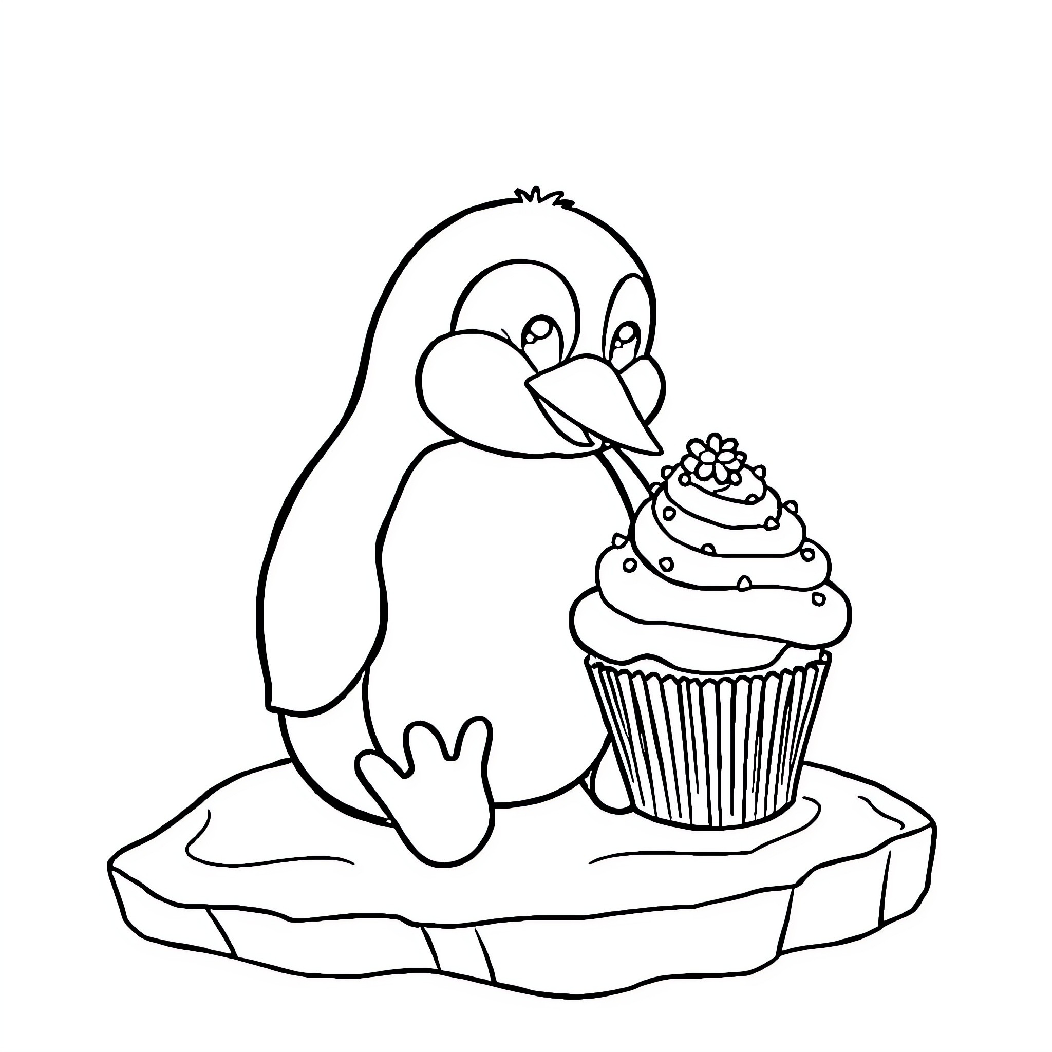Penguin enjoying a sweet cupcake treat Coloring Page (free black-and-white line drawing printable PDF for all, from beginners to advanced learners, including children, teens, adults, and seniors)