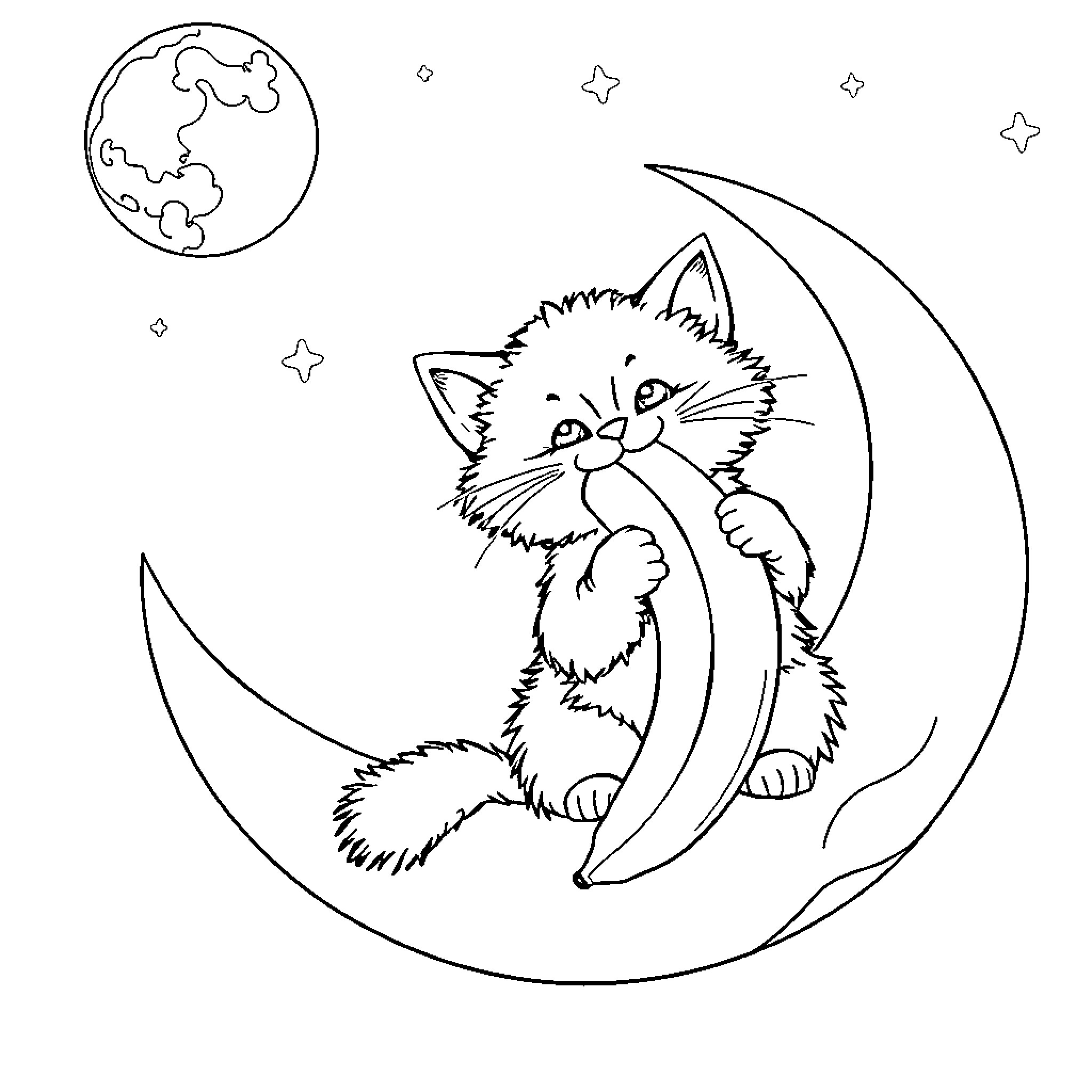Cat relaxing on crescent moon under starry night sky Coloring Page (free black-and-white line drawing printable PDF for all, from beginners to advanced learners, including children, teens, adults, and seniors)