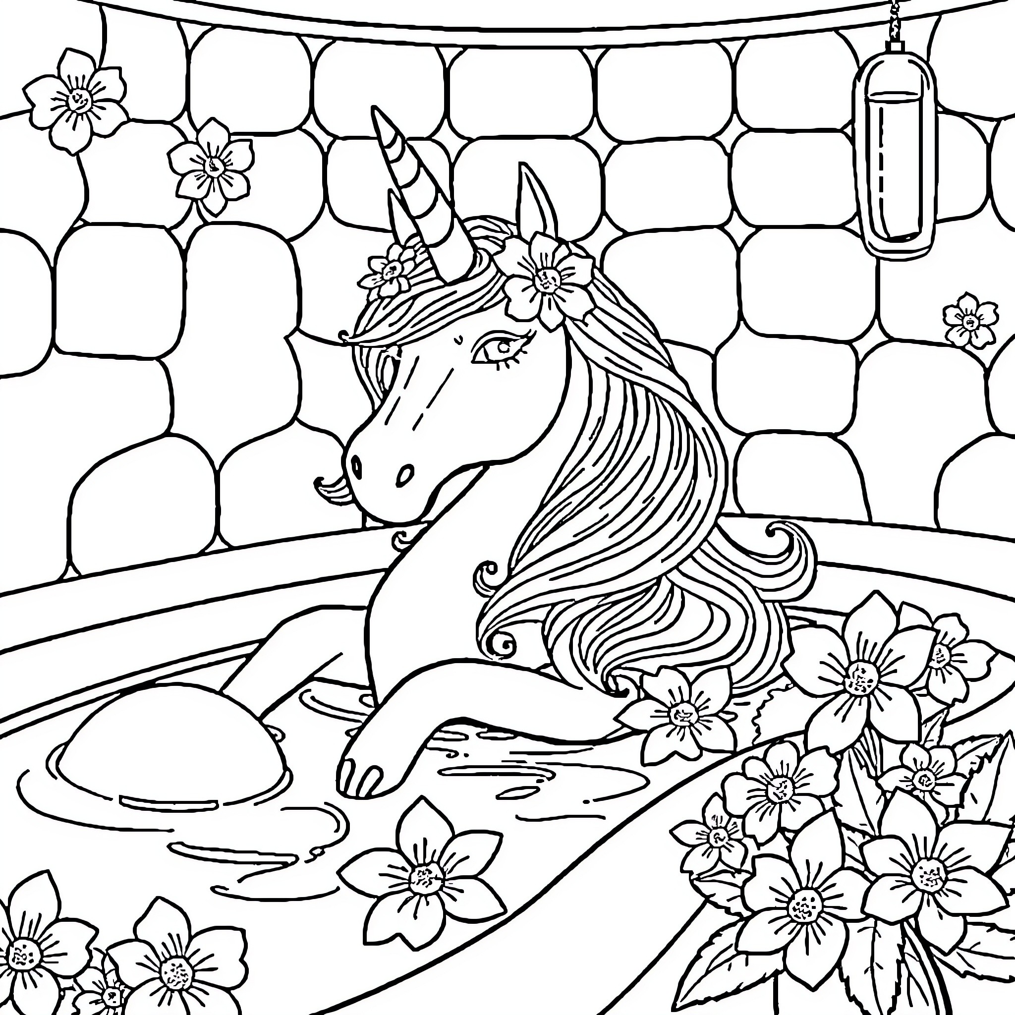 Unicorn enjoying a floral garden Coloring Page (free black-and-white line drawing printable PDF for all, from beginners to advanced learners, including children, teens, adults, and seniors)