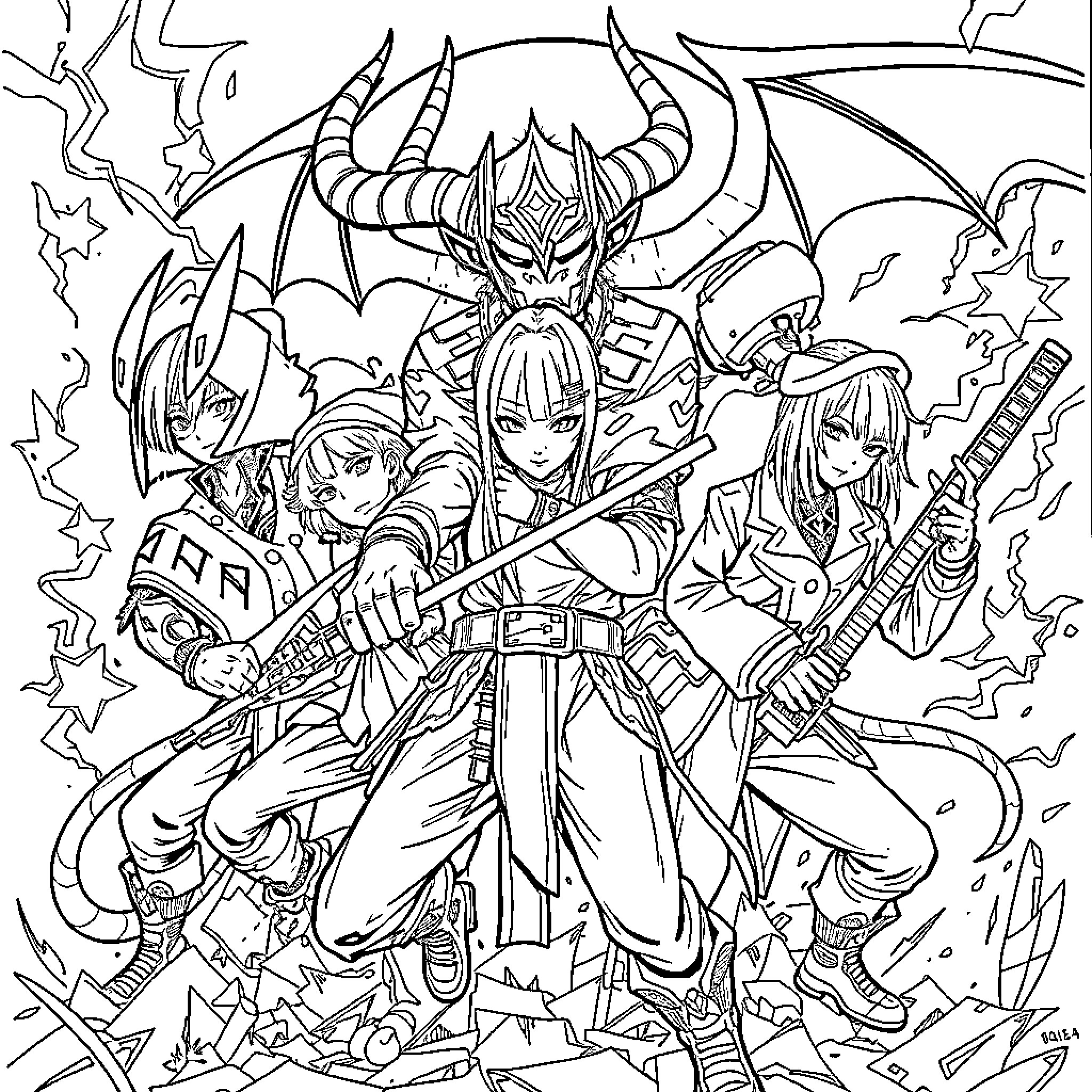Demon Hunter Battles Fearsome Foes in Epic Clash Coloring Page (free black-and-white line drawing printable PDF for all, from beginners to advanced learners, including children, teens, adults, and seniors)