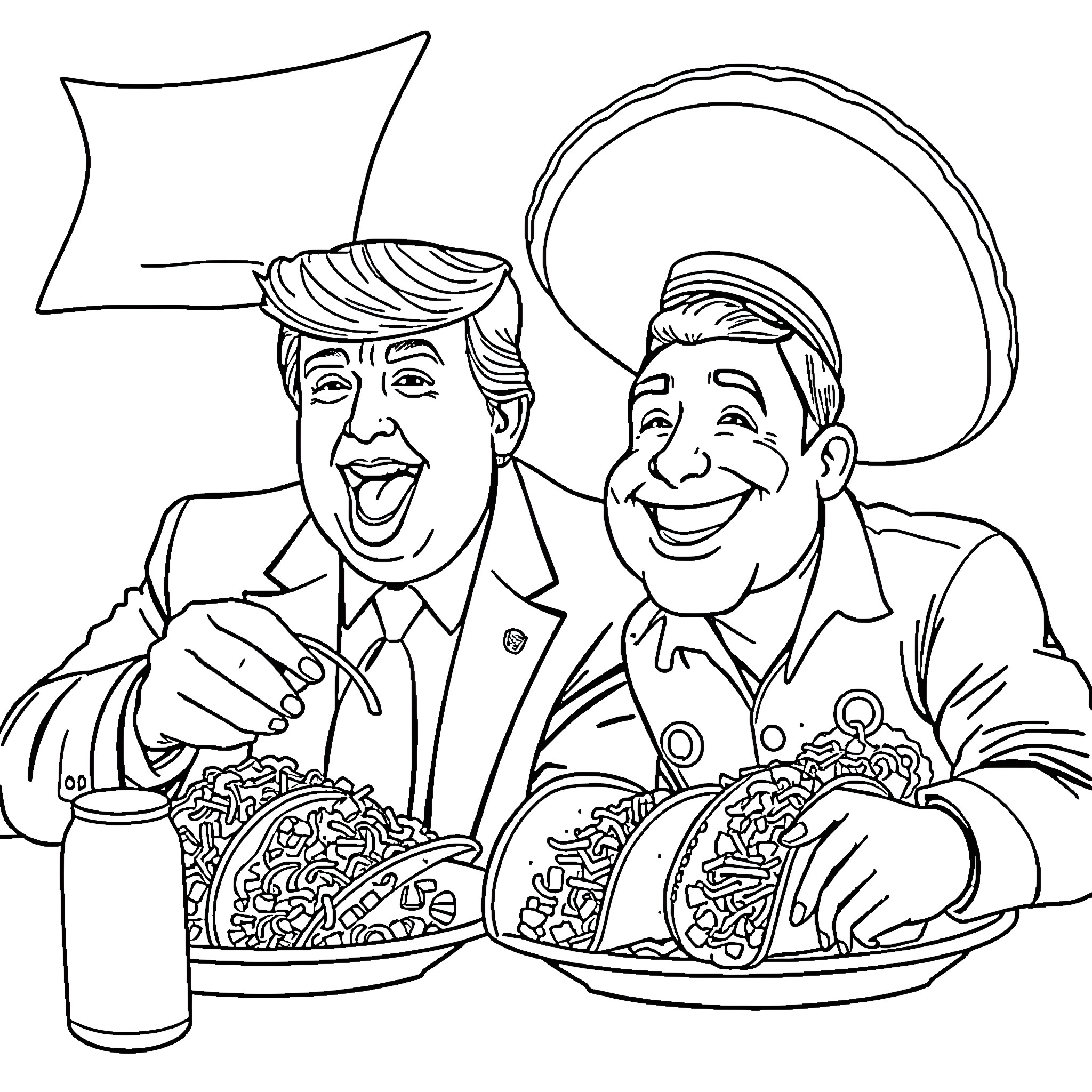 Trump and Friend Sharing Tacos and Drinks Coloring Page (free black-and-white line drawing printable PDF for all, from beginners to advanced learners, including children, teens, adults, and seniors)