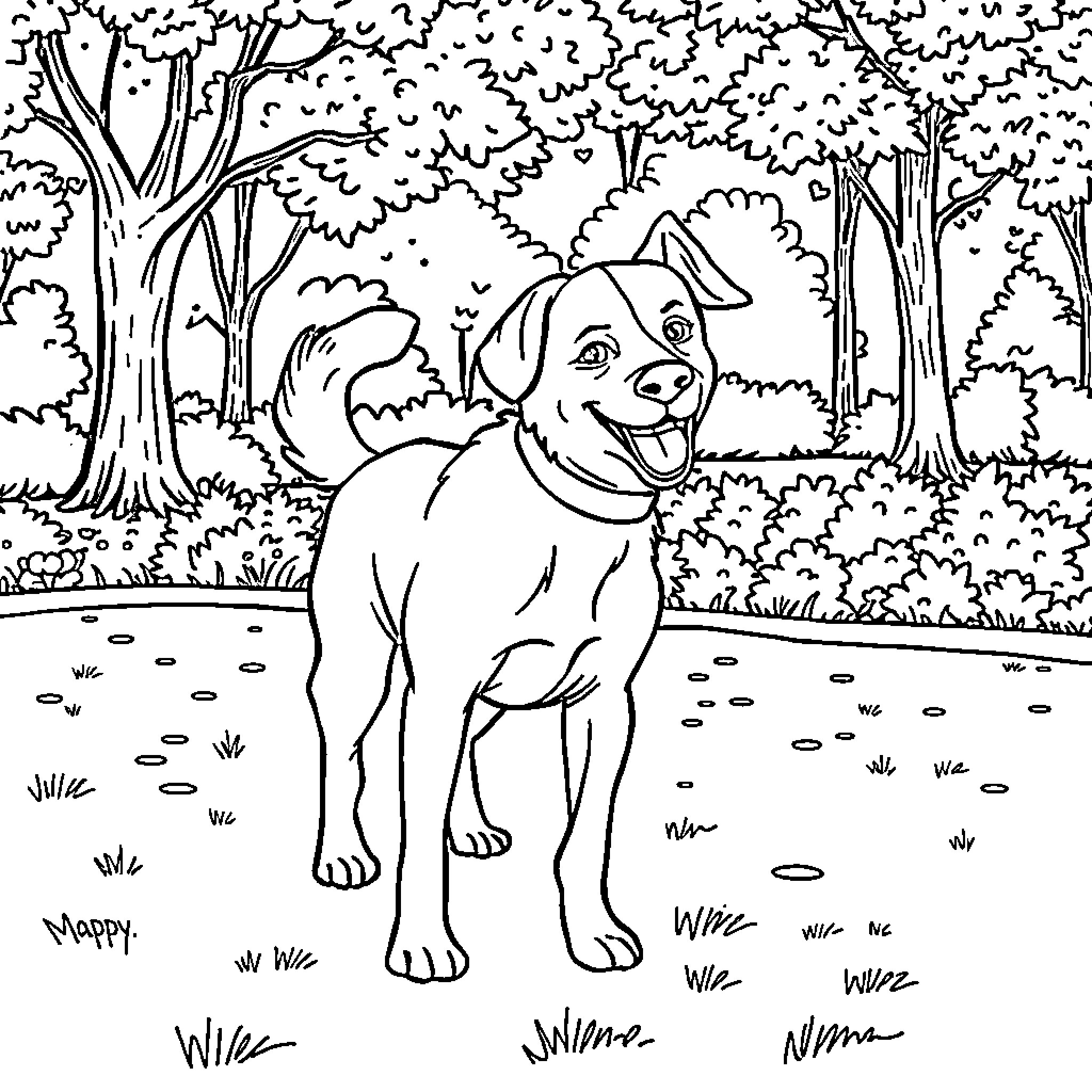 Dog happily exploring the forest Coloring Page (free black-and-white line drawing printable PDF for all, from beginners to advanced learners, including children, teens, adults, and seniors)
