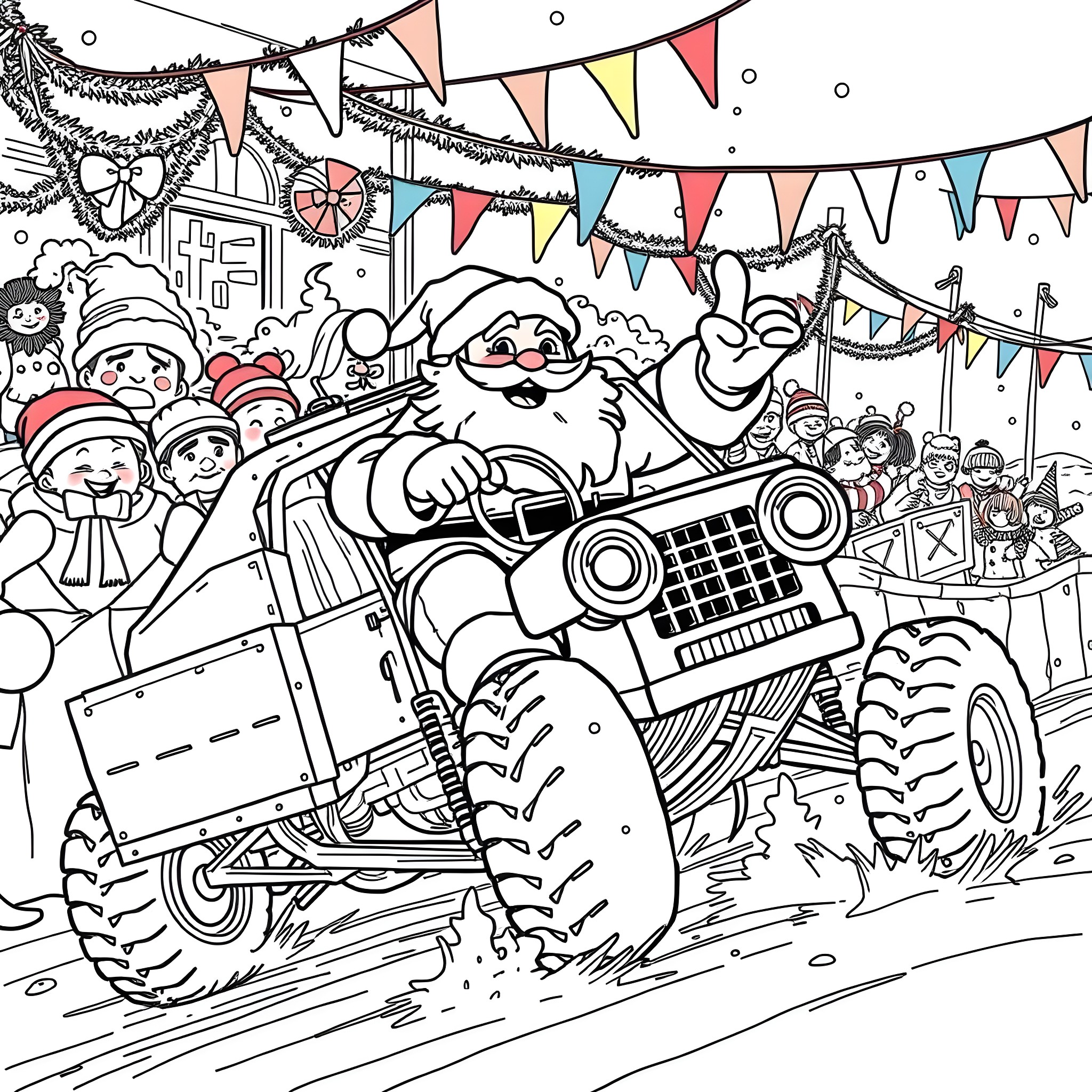 Santa and his friends in a festive parade Coloring Page (free black-and-white line drawing printable PDF for all, from beginners to advanced learners, including children, teens, adults, and seniors)