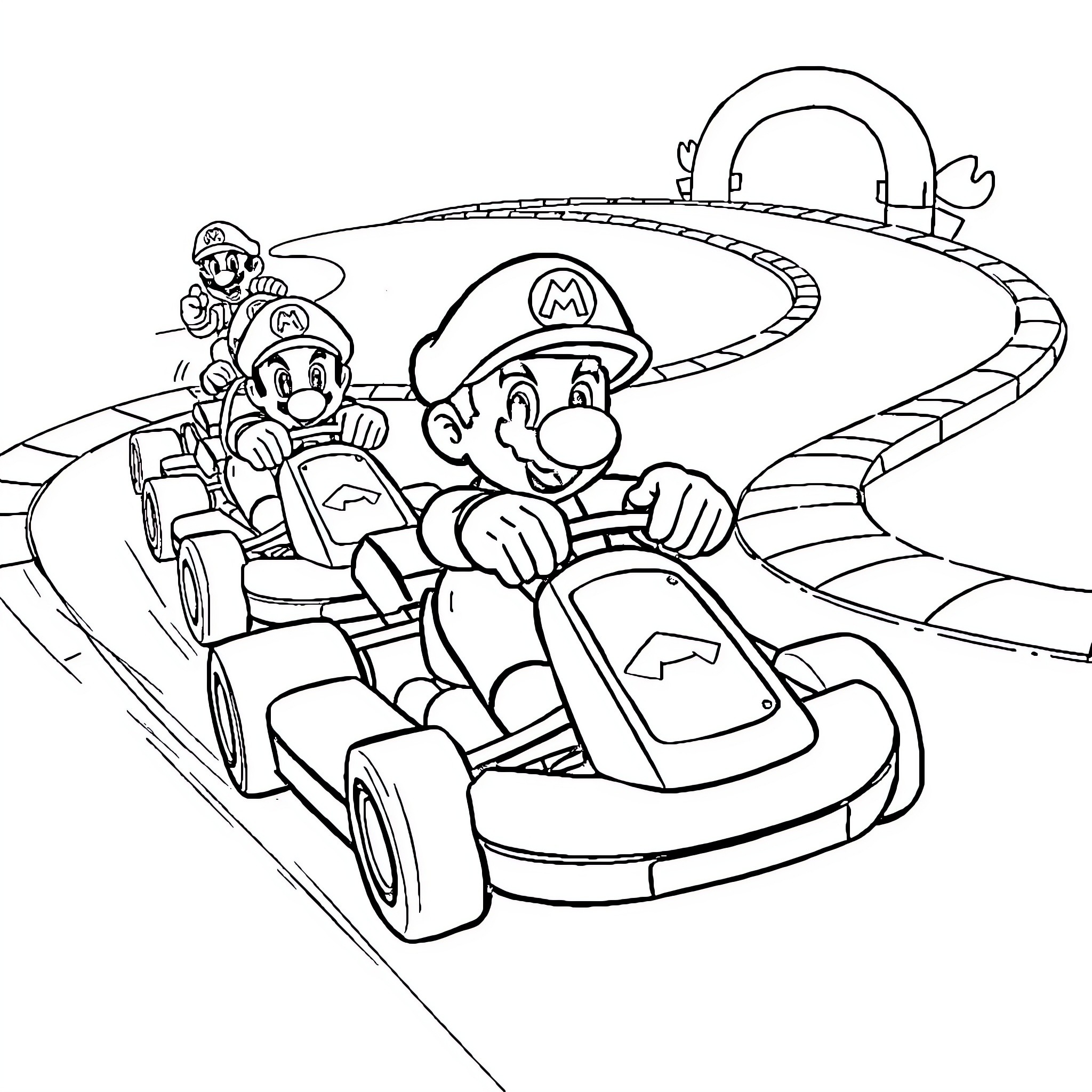 Mario Kart racers speeding along the circuit Coloring Page (free black-and-white line drawing printable PDF for all, from beginners to advanced learners, including children, teens, adults, and seniors)