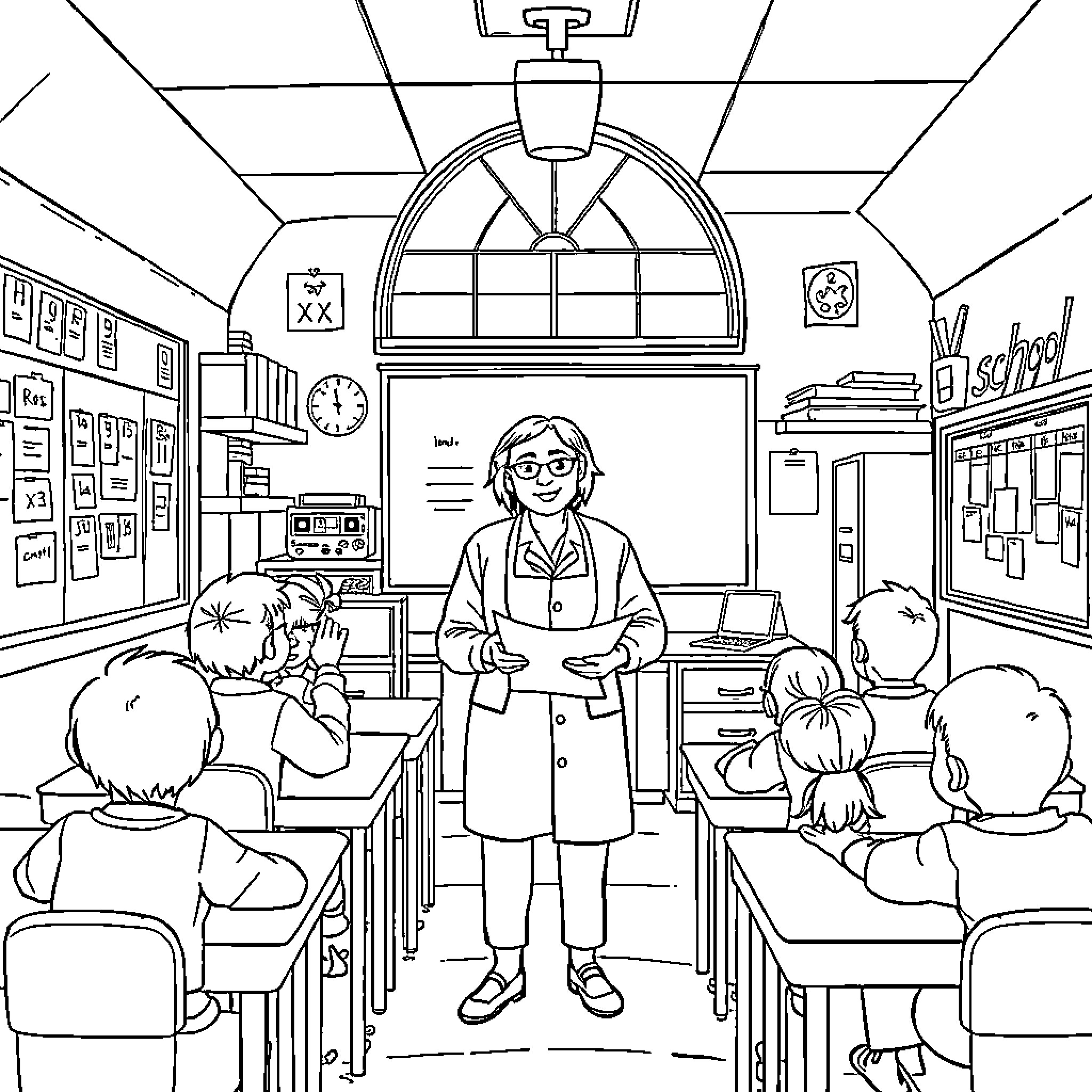 Teacher instructing students in classroom setting Coloring Page (free black-and-white line drawing printable PDF for all, from beginners to advanced learners, including children, teens, adults, and seniors)