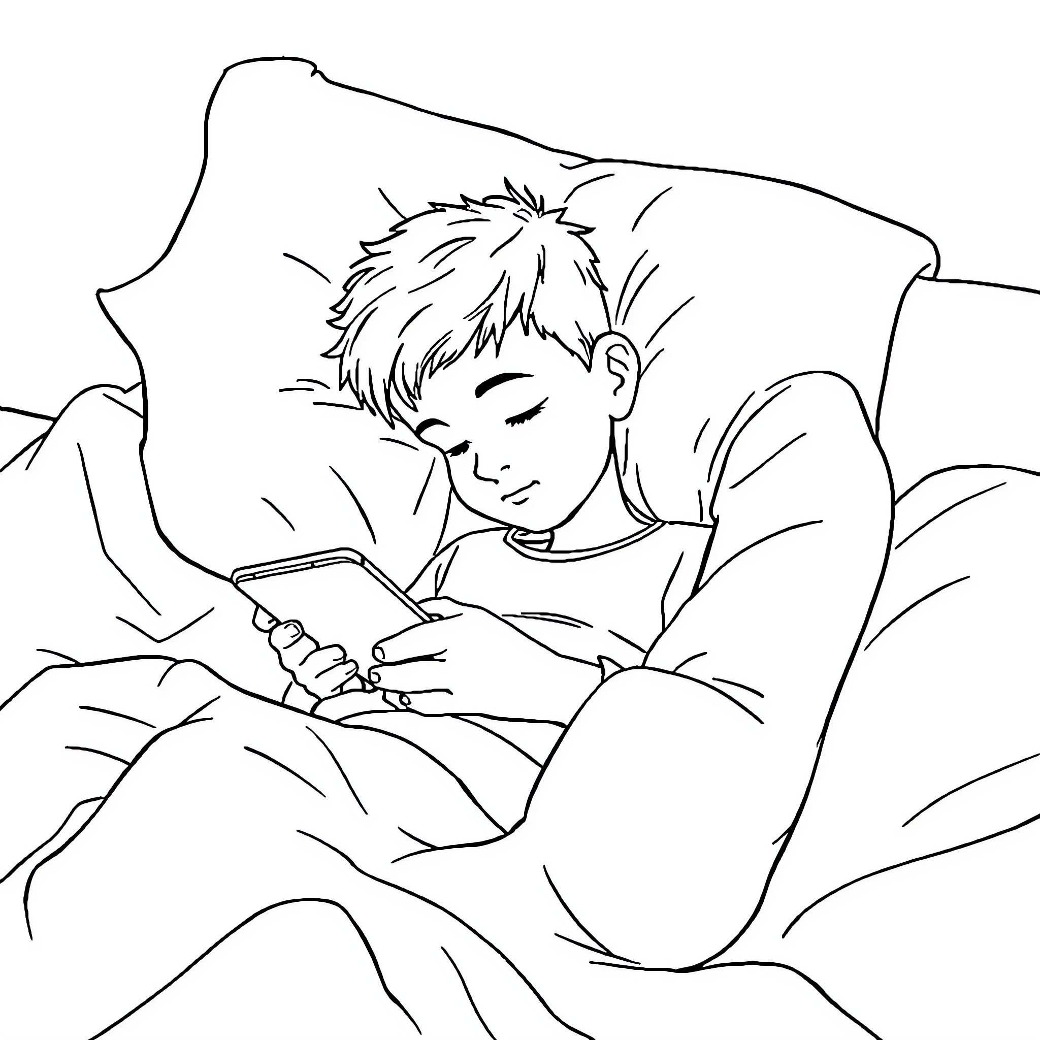 Boy reading a book in bed Coloring Page (free black-and-white line drawing printable PDF for all, from beginners to advanced learners, including children, teens, adults, and seniors)