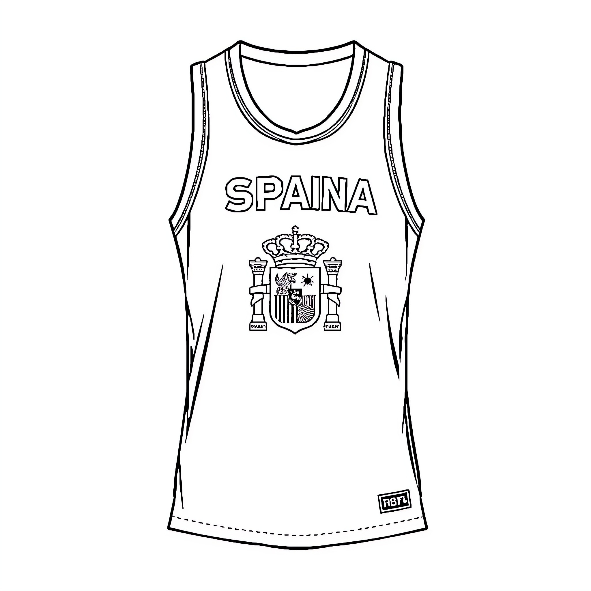 Basketball Jersey with Spaina Logo and Crest Coloring Page (free black-and-white line drawing printable PDF for all, from beginners to advanced learners, including children, teens, adults, and seniors)