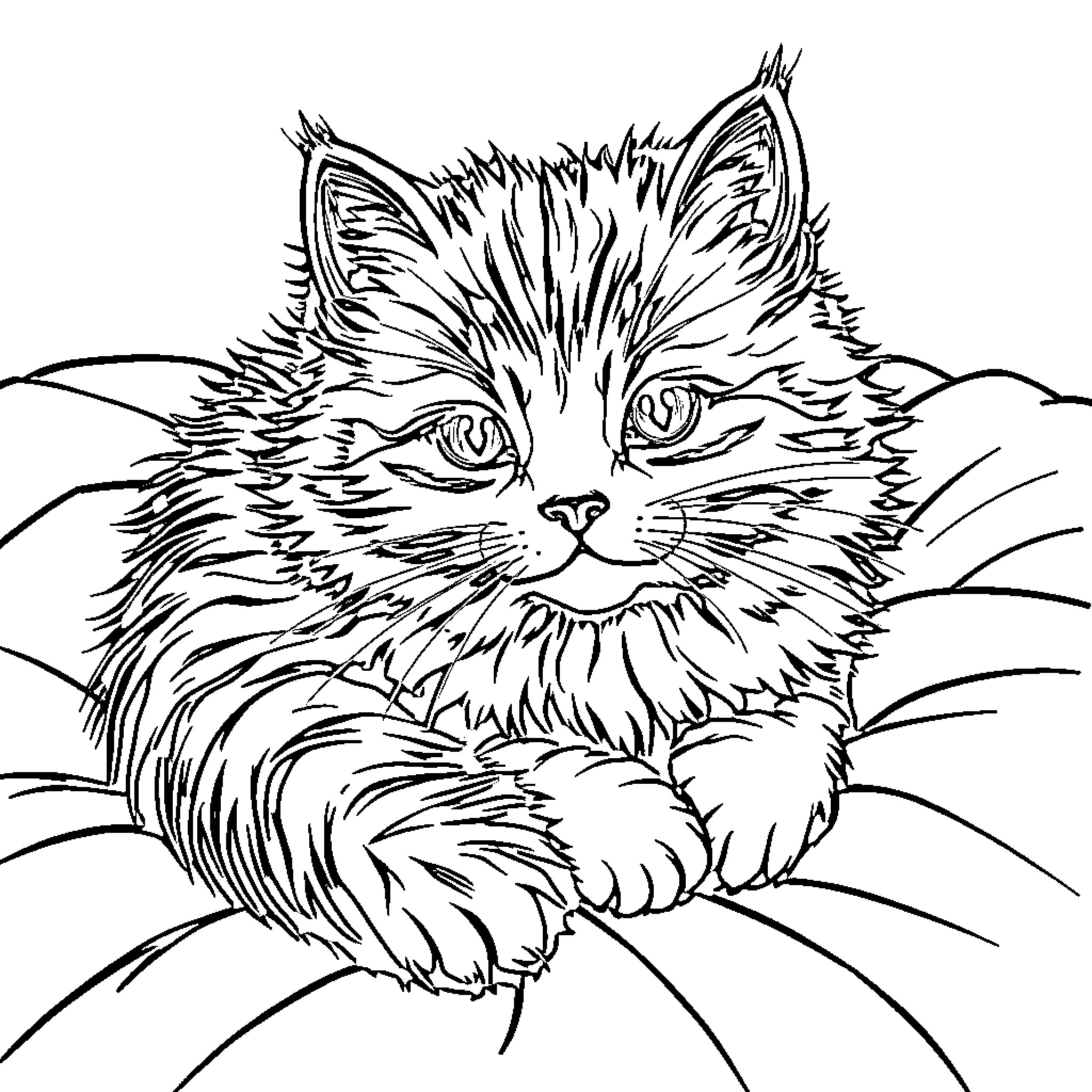 Cat in Detailed Sketch Coloring Page (free black-and-white line drawing printable PDF for all, from beginners to advanced learners, including children, teens, adults, and seniors)